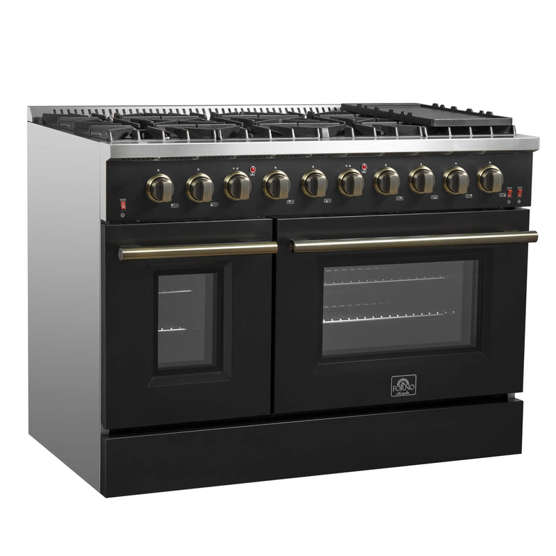 Forno Galiano 5-Piece Appliance Package - 48-Inch Gas Range, 48-Inch Hood, 36-Inch Refrigerator, 24-Inch Dishwasher, & 24-Inch Microwave Oven in Black with Antique Brass Trim