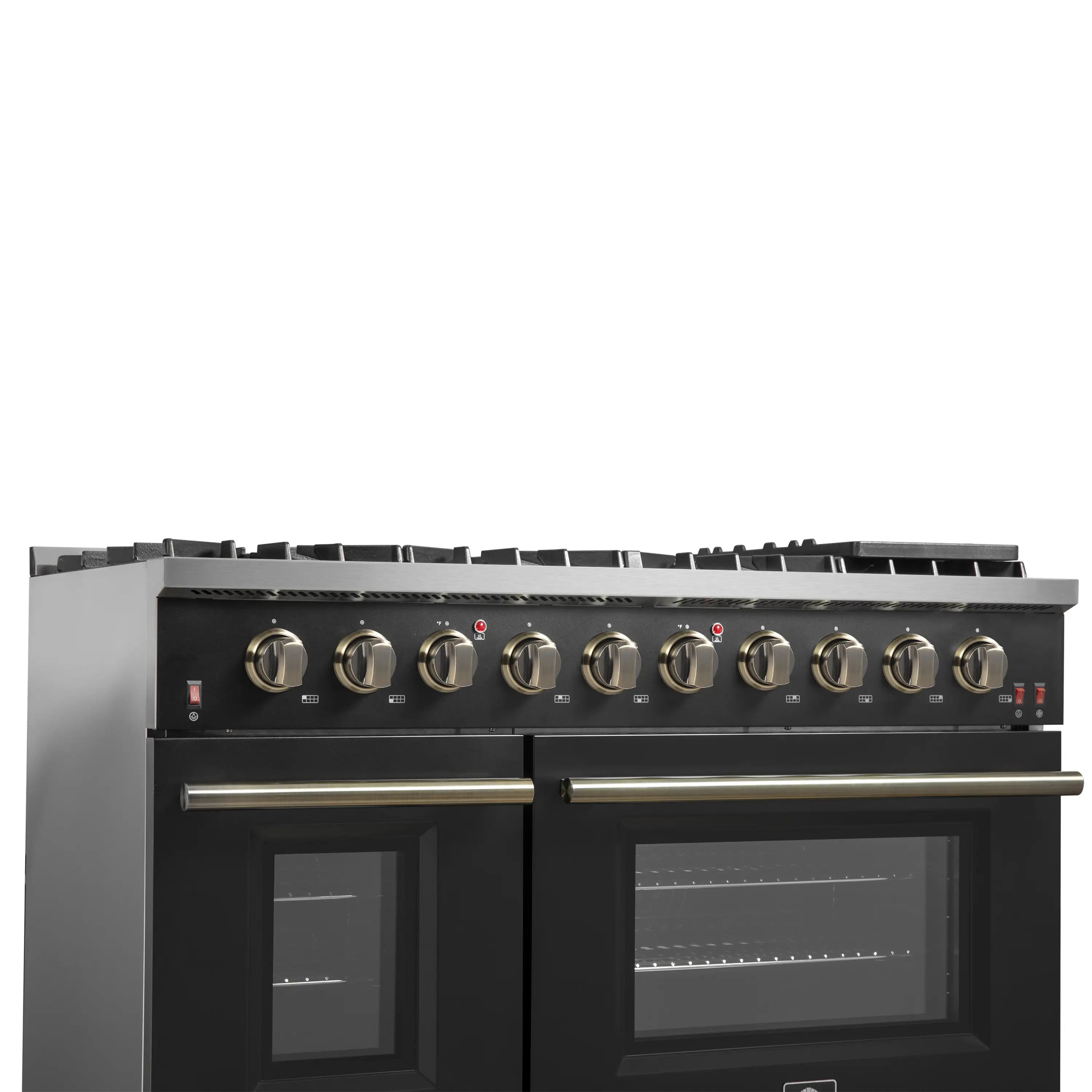 Black gas range with antique brass-trimmed knobs and two oven doors