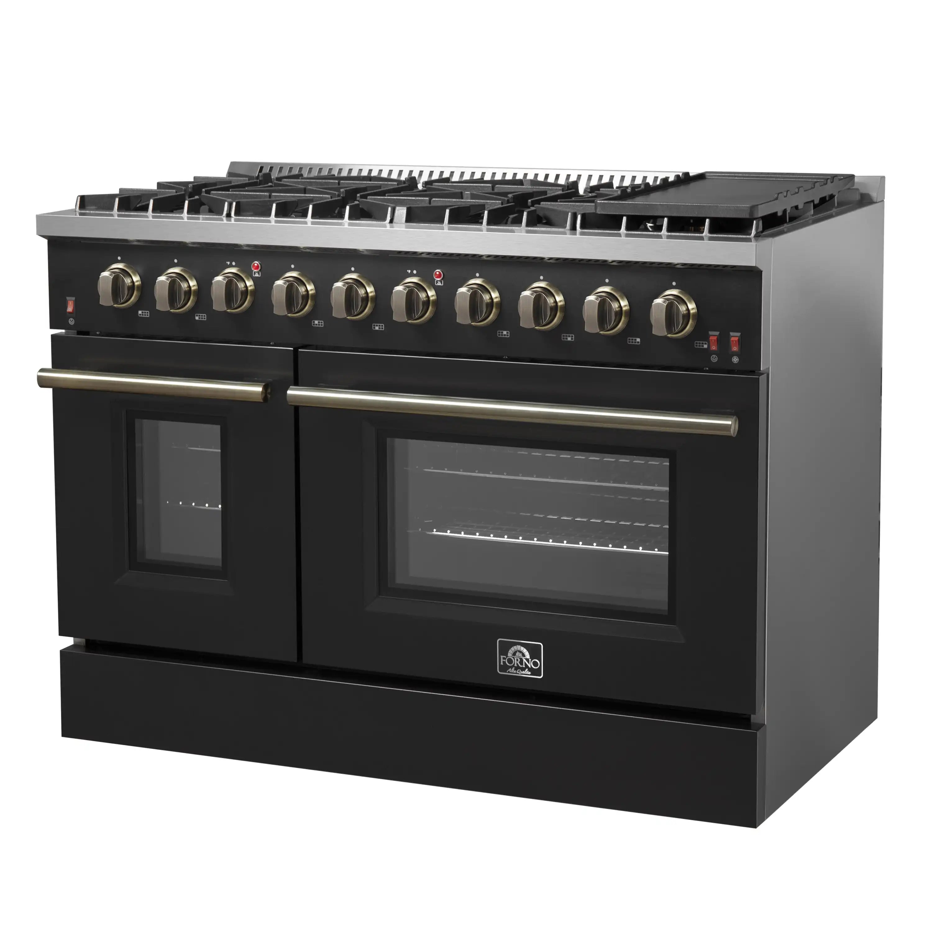 Black gas range cooktop and control panel with brass knobs and small indicator lights