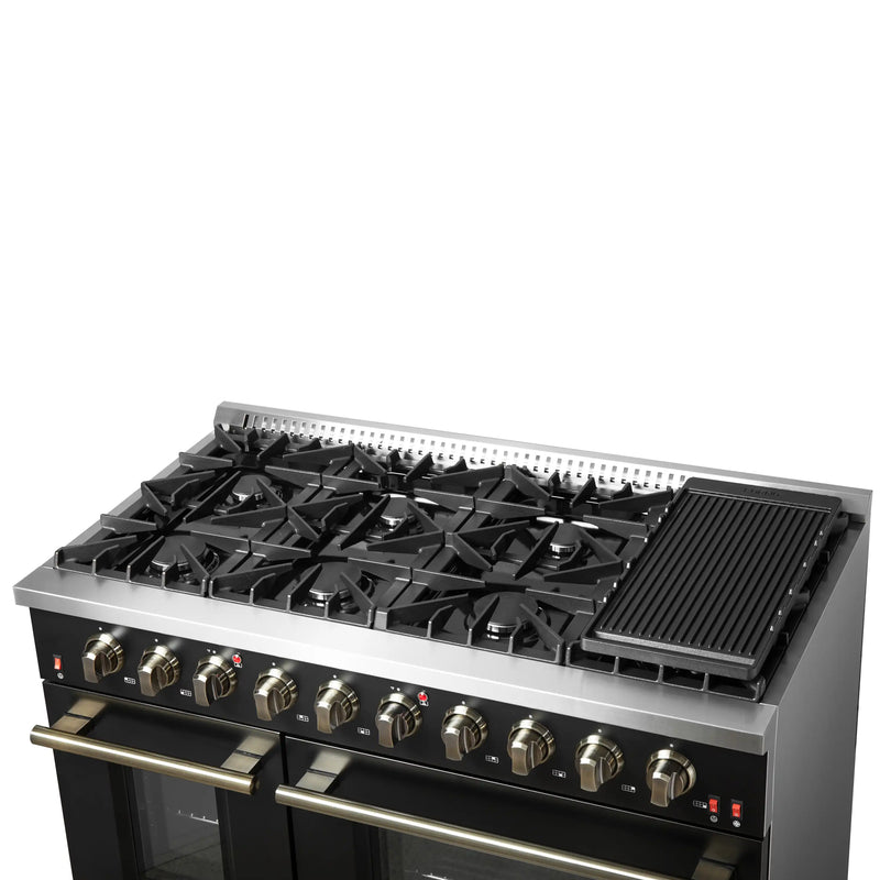 Forno Galiano 5-Piece Appliance Package - 48-Inch Gas Range, 48-Inch Hood, 36-Inch Refrigerator, 24-Inch Dishwasher, & 24-Inch Microwave Oven in Black with Antique Brass Trim