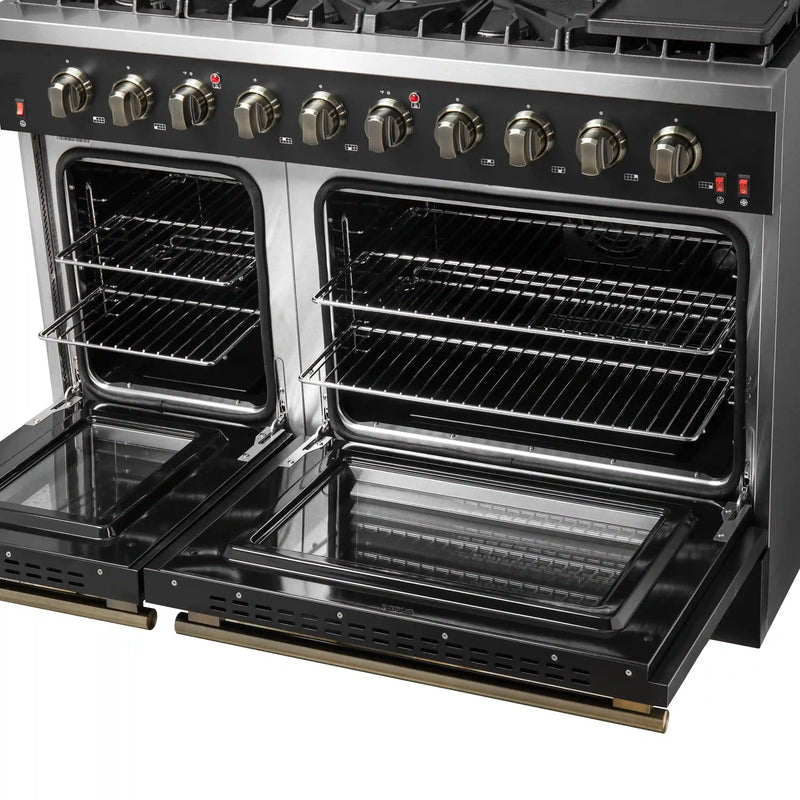 Forno Galiano 5-Piece Appliance Package - 48-Inch Gas Range, 48-Inch Hood, 36-Inch Refrigerator, 24-Inch Dishwasher, & 30-Inch Microwave Drawer in Black with Antique Brass Trim