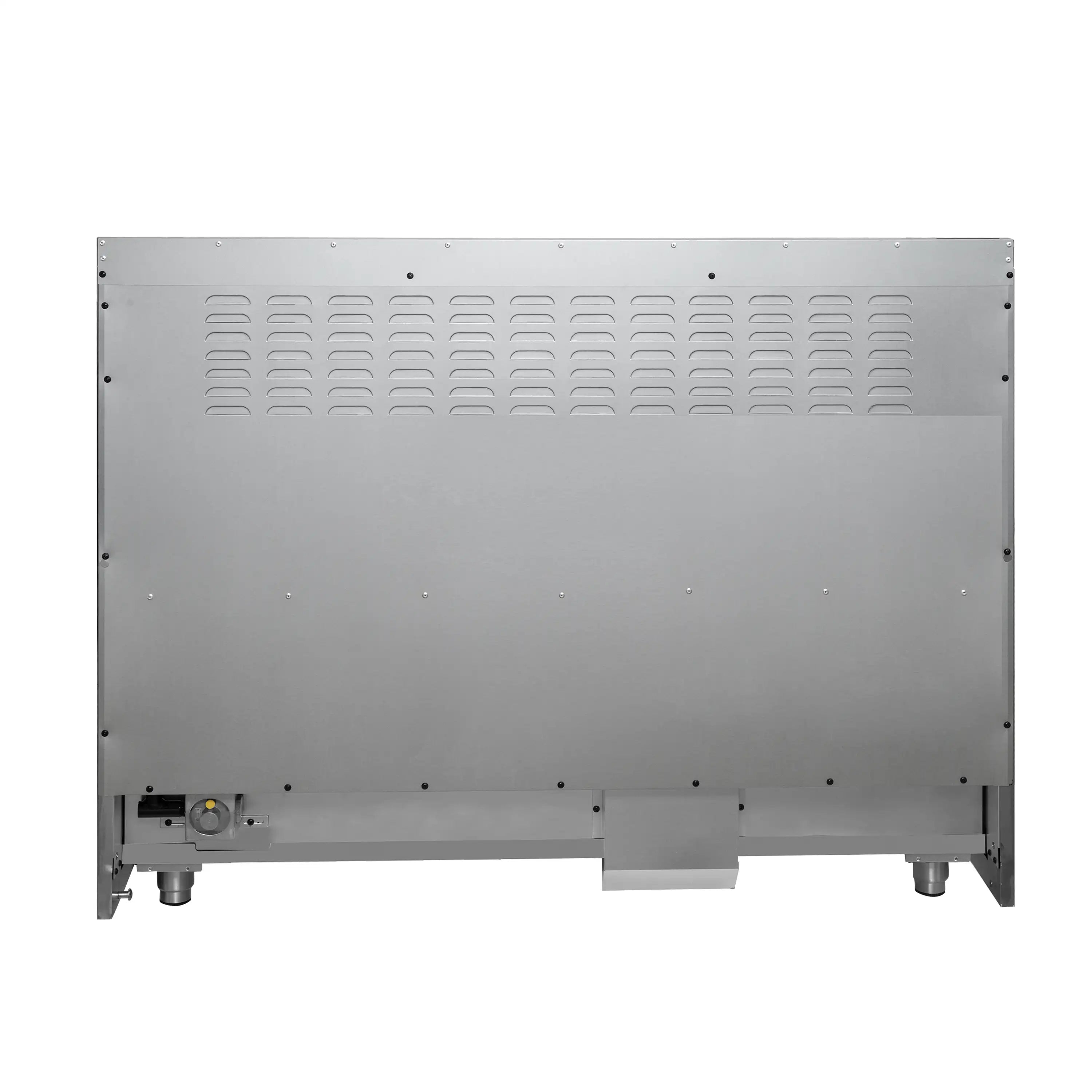 White 48-inch gas range rear panel with burner covers and gas connection ports