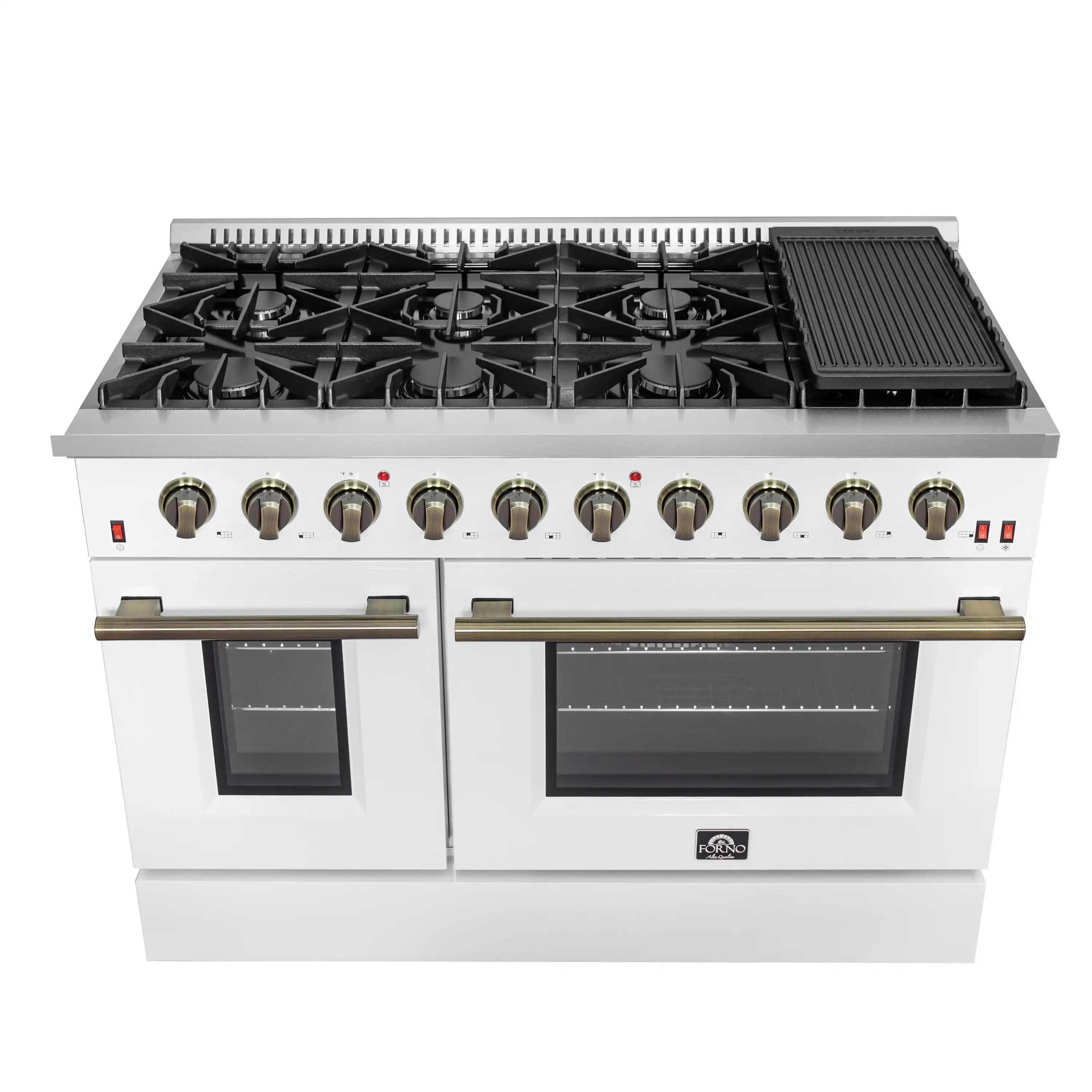White gas range with open cooktop and two oven doors, brass handle rails