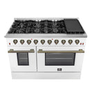 Forno 4-Piece Appliance Package - 48-Inch Galiano Gas Range, 60-Inch Refrigerator, Dishwasher, & 24-Inch Microwave Drawer in White with Antique Brass Handle