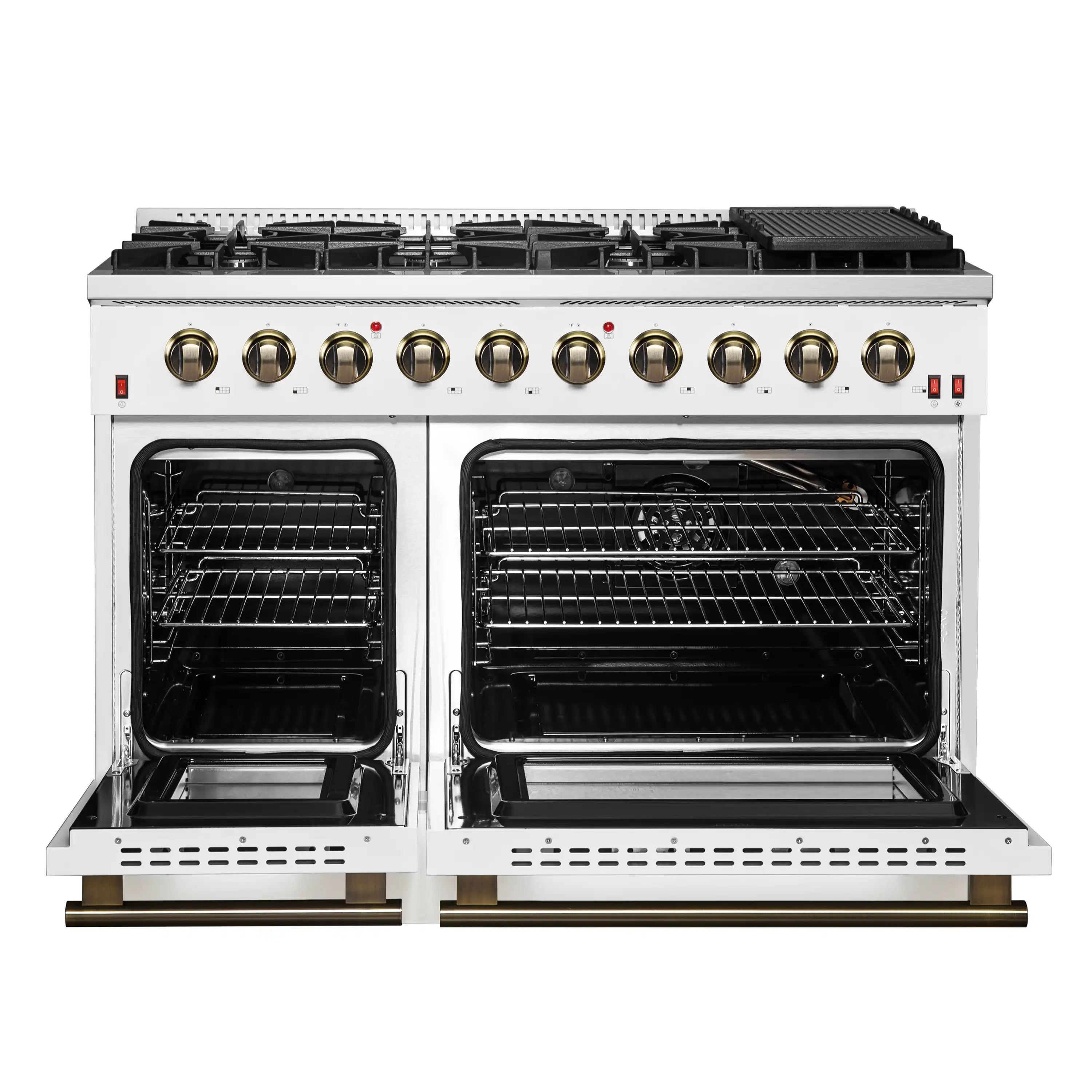 White gas range with two open ovens showing racks and wire shelves