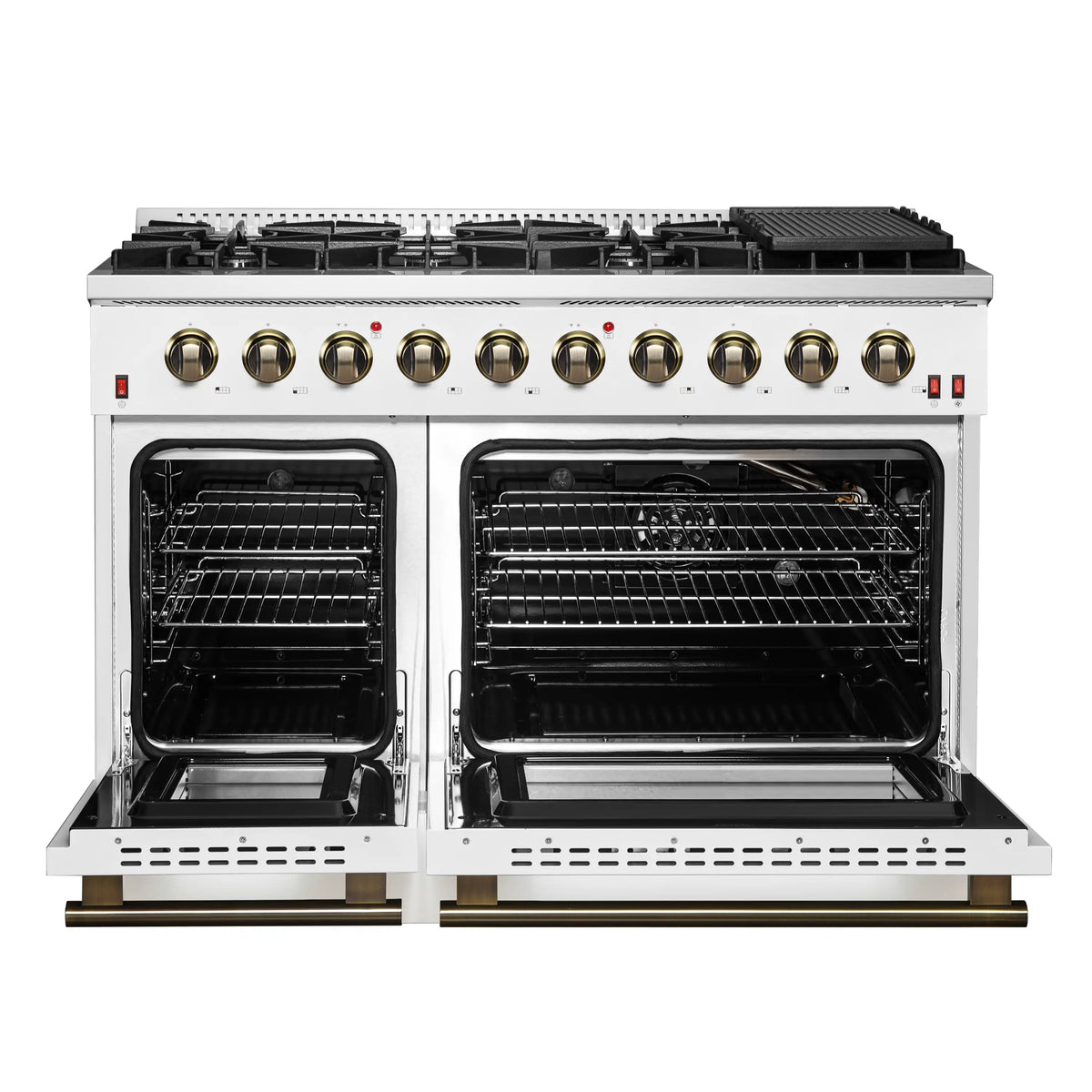 White gas range with open dual ovens, brass knobs, and black grates and burners