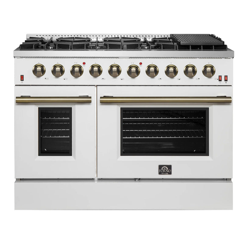 Forno Galiano 5-Piece Appliance Package - 48-Inch Gas Range, 48-Inch Hood, 36-Inch Refrigerator, 24-Inch Dishwasher, & 24-Inch Microwave Drawer in White with Antique Brass Trim