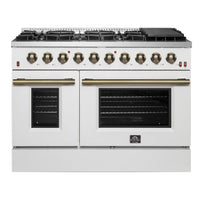 Forno Galiano 48-Inch Gas Range with 8 Burners and  6.58 Cu.Ft. Double Convection Oven in White with Antique Brass Trim (FFSGS6244-48WHT)