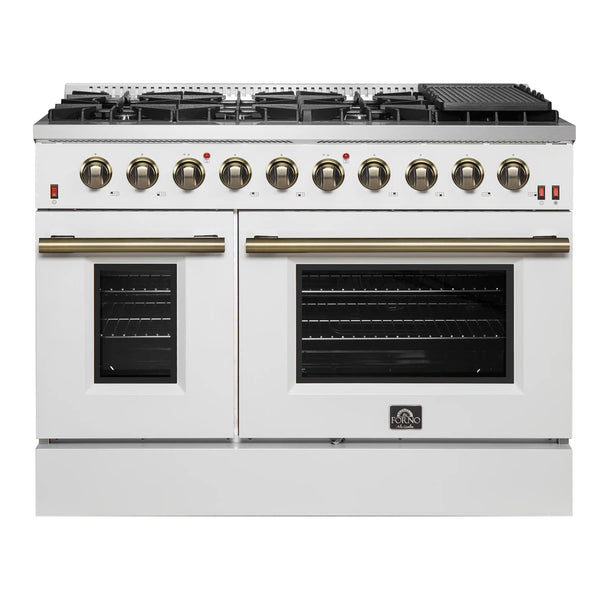 Forno Galiano 48-Inch Gas Range with 8 Burners and  6.58 Cu.Ft. Double Convection Oven in White with Antique Brass Trim (FFSGS6244-48WHT)