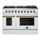 Forno 5-Piece Appliance Package - 48-Inch Gas Range, Wall Mount Range Hood, 36-Inch Refrigerator, Dishwasher, and 30-Inch Microwave Drawer in White with Antique Brass Handle