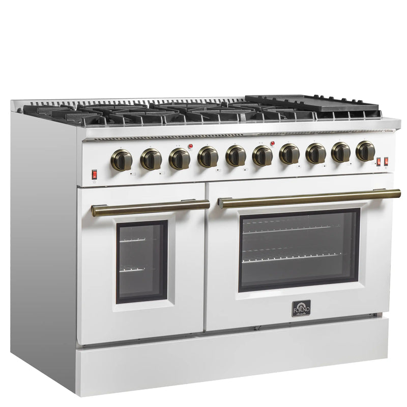 Forno Galiano 4-Piece Appliance Package - 48-Inch Gas Range, 48-Inch Hood, 36-Inch Refrigerator, & 24-Inch Dishwasher in White with Antique Brass Trim