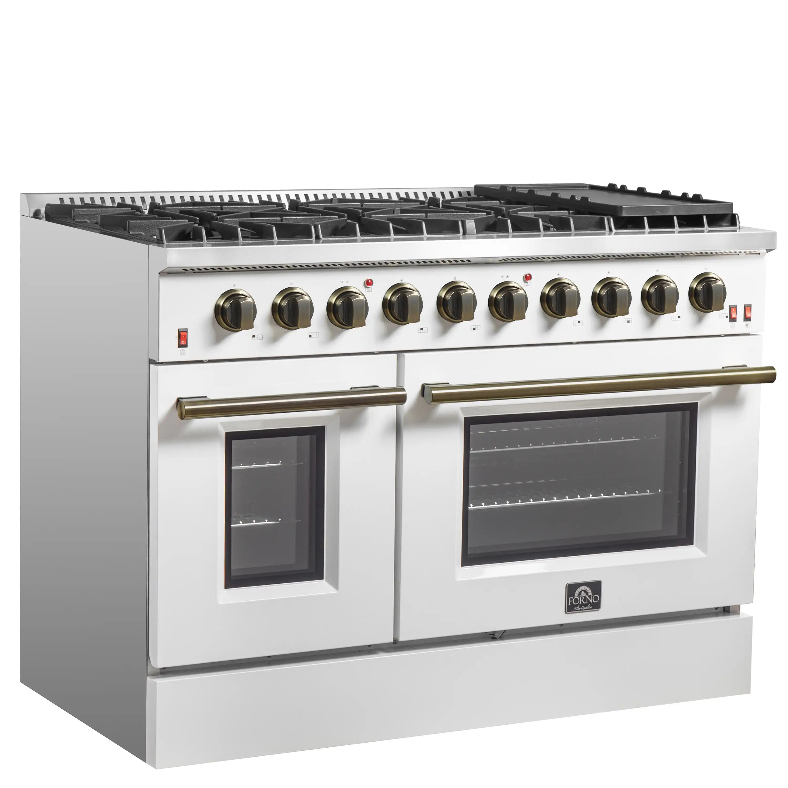 White gas range front view with brass knobs, two window ovens, and black cooktop grates