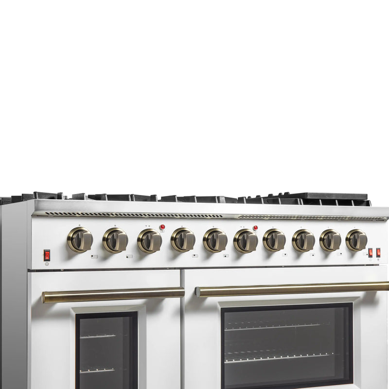 Forno Galiano 5-Piece Appliance Package - 48-Inch Gas Range, 48-Inch Hood, 36-Inch Refrigerator, 24-Inch Dishwasher, & 24-Inch Microwave Drawer in White with Antique Brass Trim