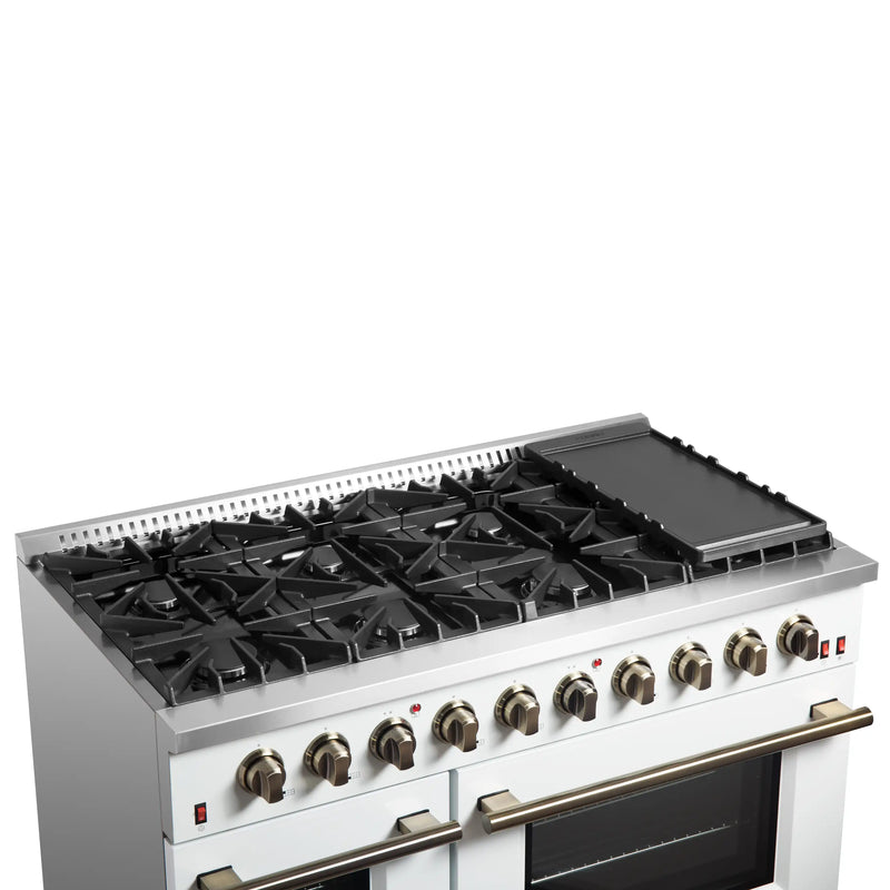 Forno Galiano 5-Piece Appliance Package - 48-Inch Gas Range, 48-Inch Hood, 36-Inch Refrigerator, 24-Inch Dishwasher, & 30-Inch Microwave Oven in White with Antique Brass Trim