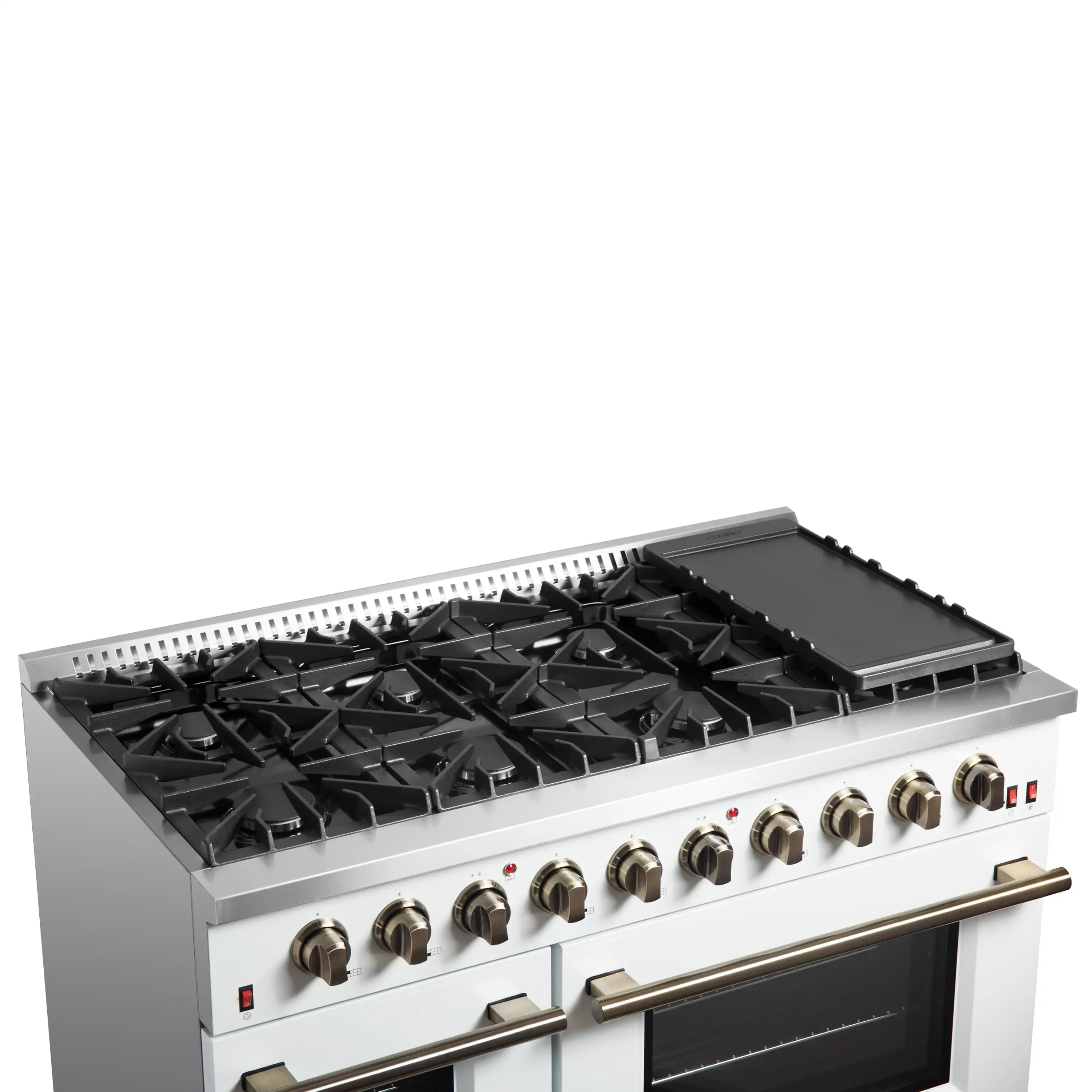 Stainless gas range with black griddle, burner grates, and control knobs