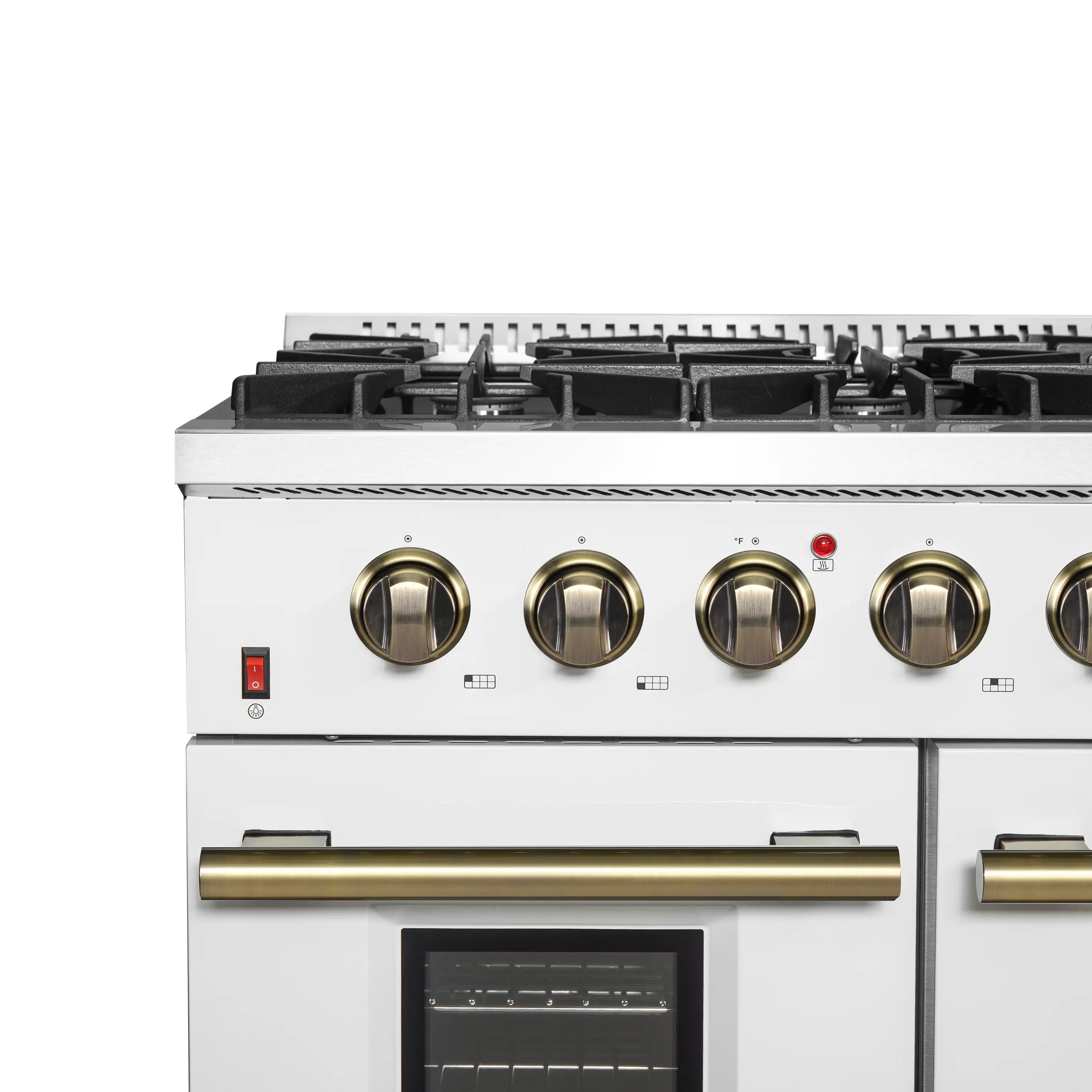 White 48-inch gas range with antique brass control knobs and burner grates