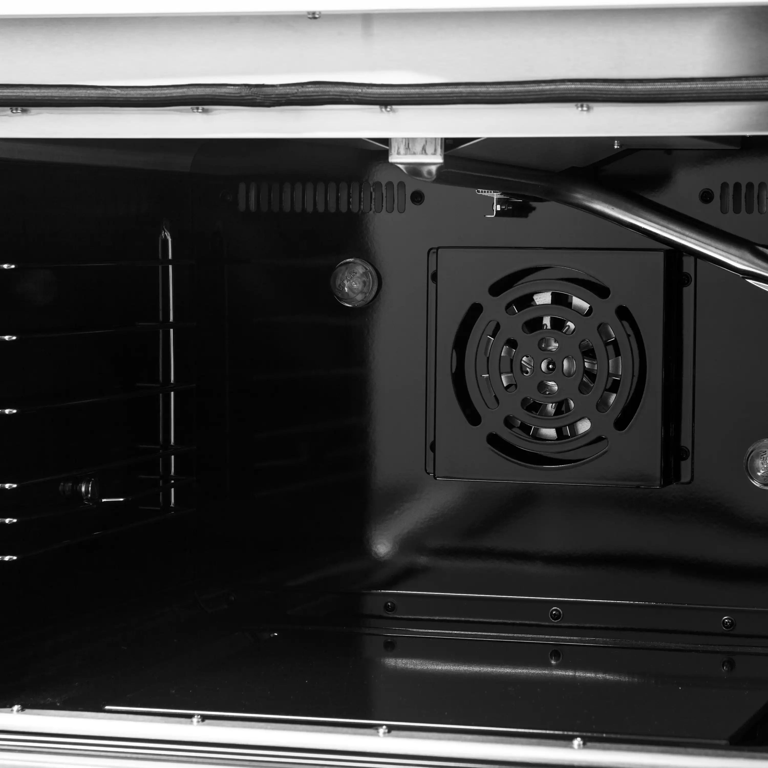 Open oven door area of a white gas range showing rear heat vent and burner area