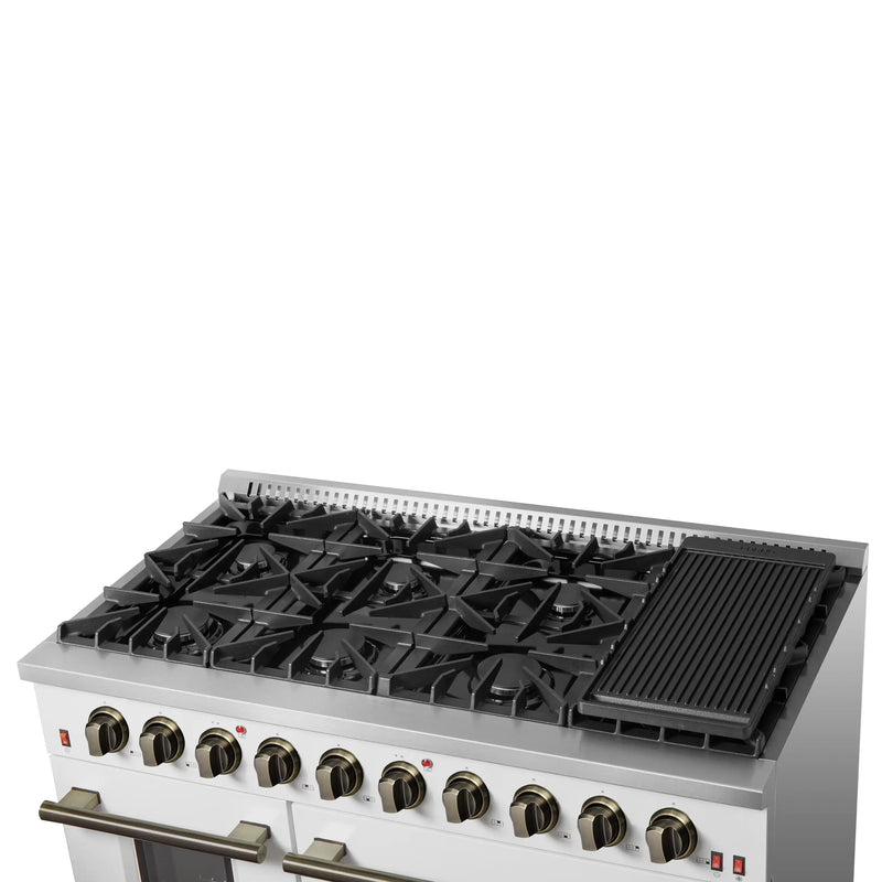 Forno Galiano 5-Piece Appliance Package - 48-Inch Gas Range, 48-Inch Hood, 36-Inch Refrigerator, 24-Inch Dishwasher, & 24-Inch Microwave Drawer in White with Antique Brass Trim