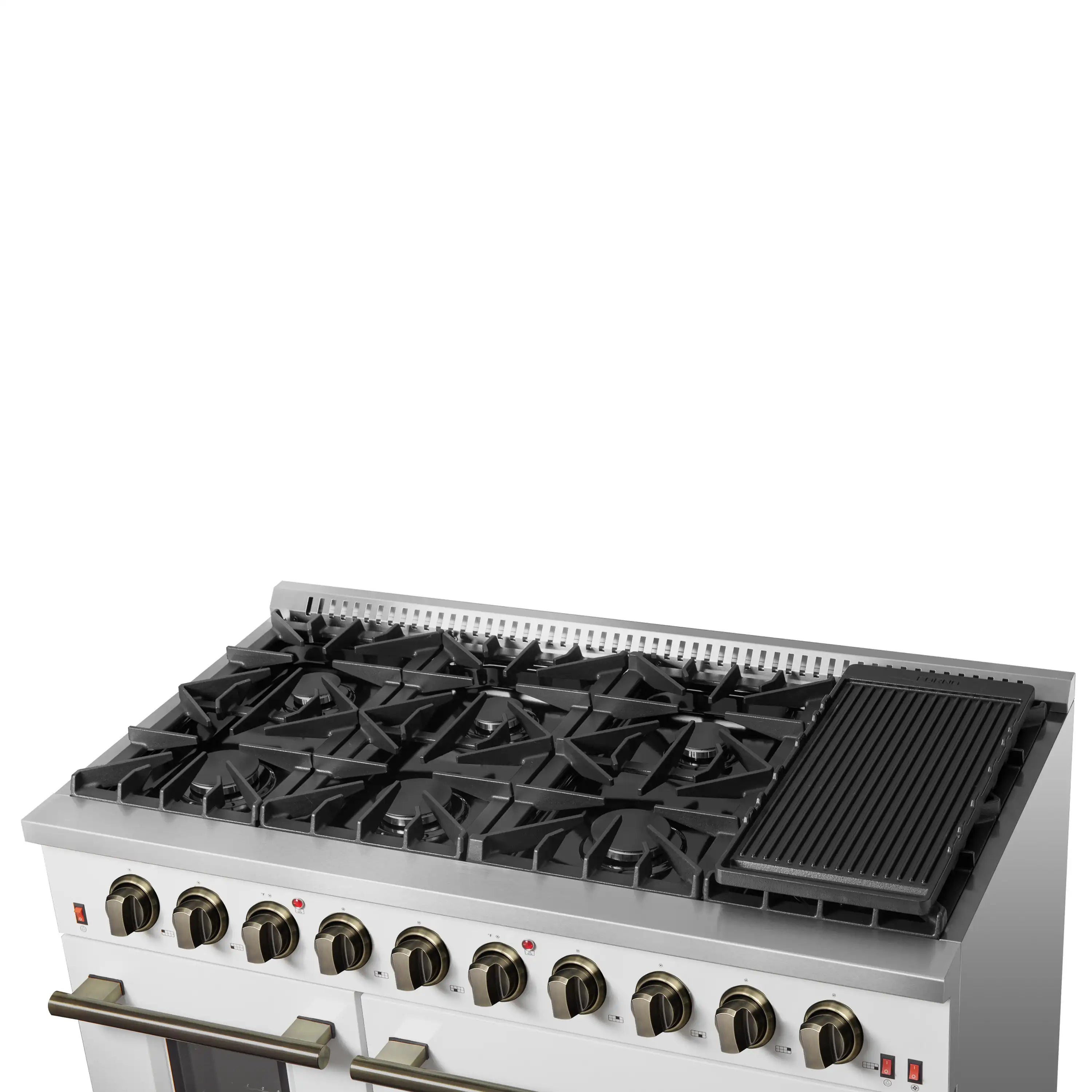 White gas range cooktop with black grates and grill grate, brass knobs across front