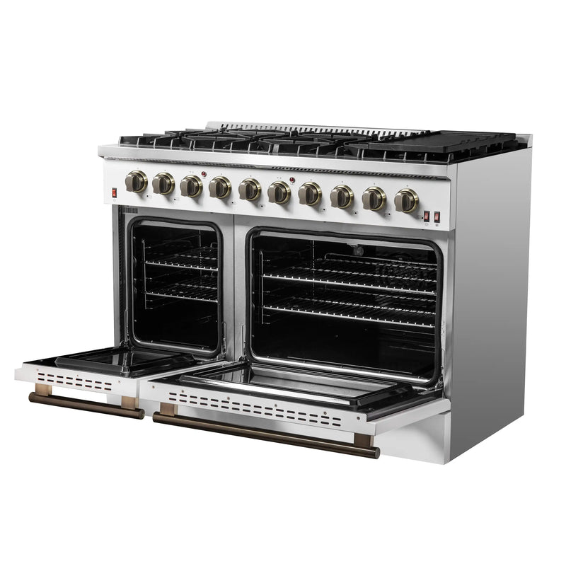 Forno Galiano 5-Piece Appliance Package - 48-Inch Gas Range, 48-Inch Hood, 36-Inch Refrigerator, 24-Inch Dishwasher, & 30-Inch Microwave Oven in White with Antique Brass Trim