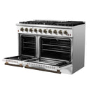 Forno 5-Piece Appliance Package - 48-Inch Gas Range, Wall Mount Range Hood, 36-Inch Refrigerator, Dishwasher, and 30-Inch Microwave Drawer in White with Antique Brass Handle