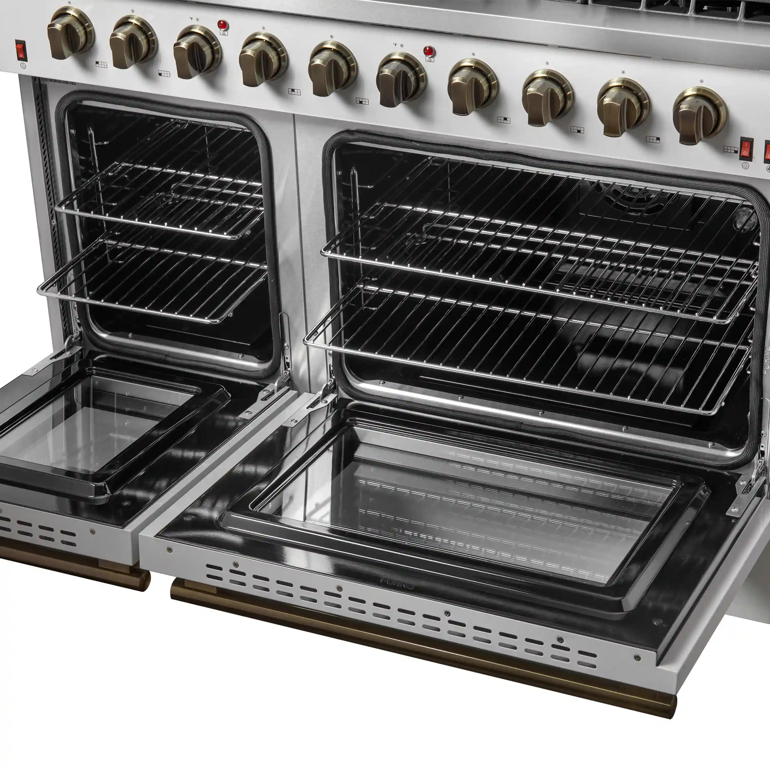 White gas range with both ovens open, showing wire racks and black enamel interior