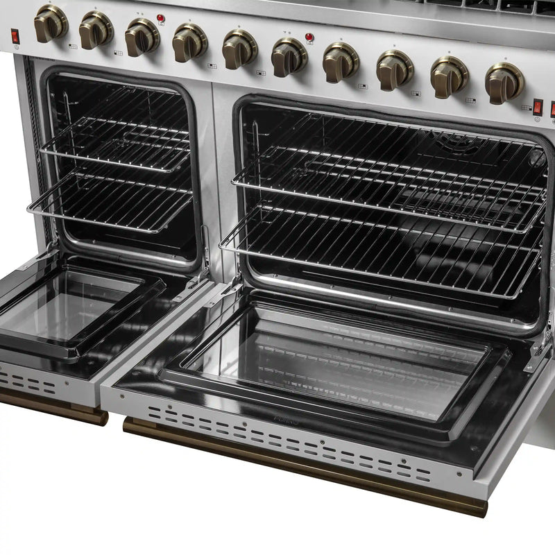 Forno Galiano 4-Piece Appliance Package - 48-Inch Gas Range, 48-Inch Hood, 36-Inch Refrigerator, & 24-Inch Dishwasher in White with Antique Brass Trim