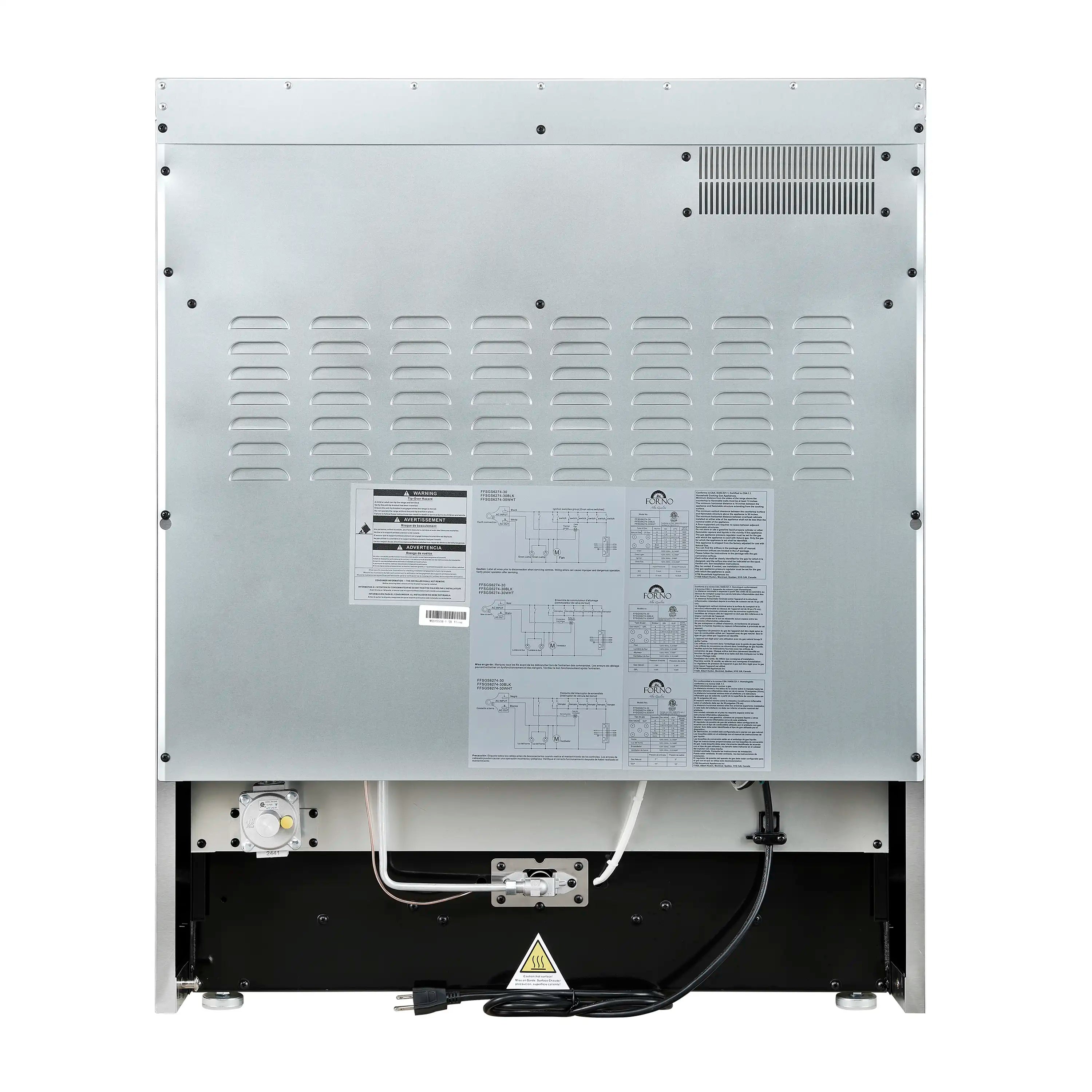 Gas range back panel with metal cover, vents, and wiring