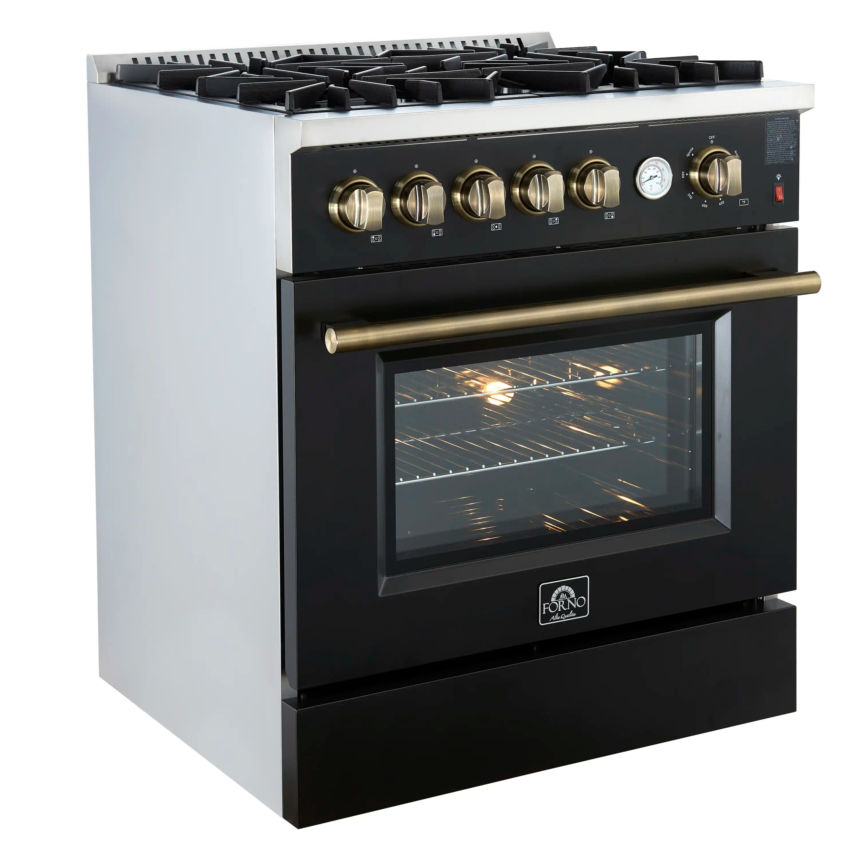 Black gas range with antique brass knobs, oven window, and side handle