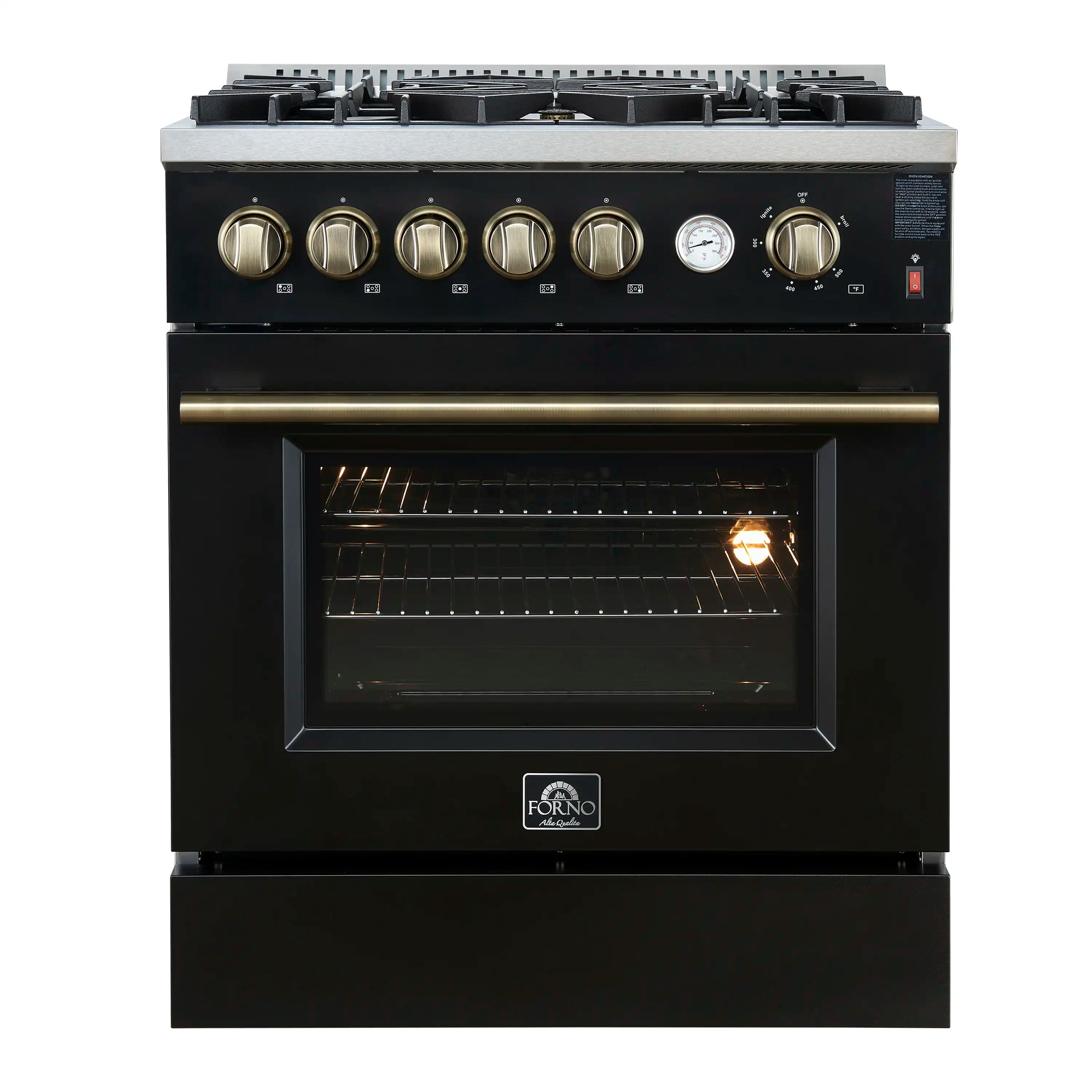 Black gas range with brass knobs and lit oven window