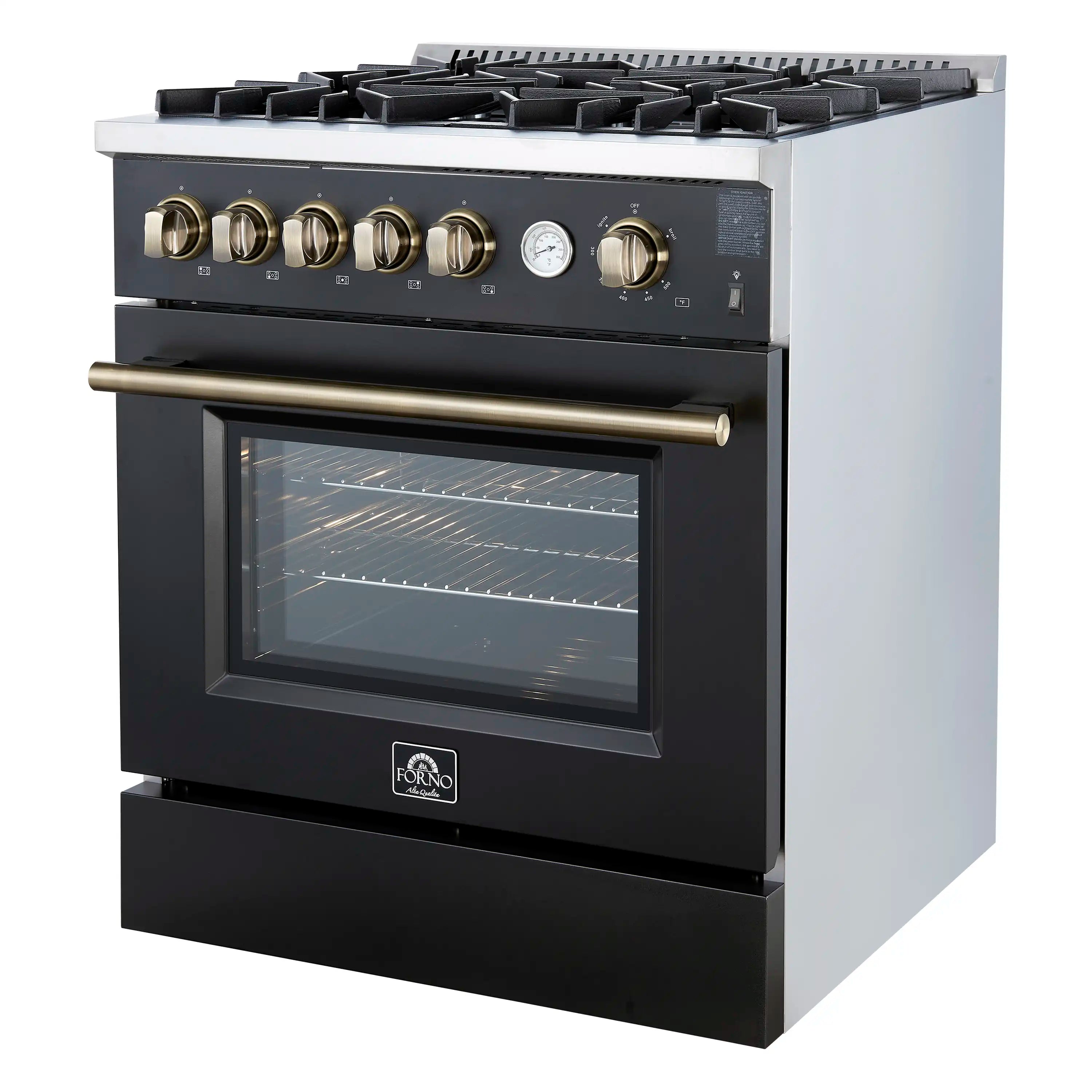 Black gas range with brass handle, oven window, and antique brass control knobs