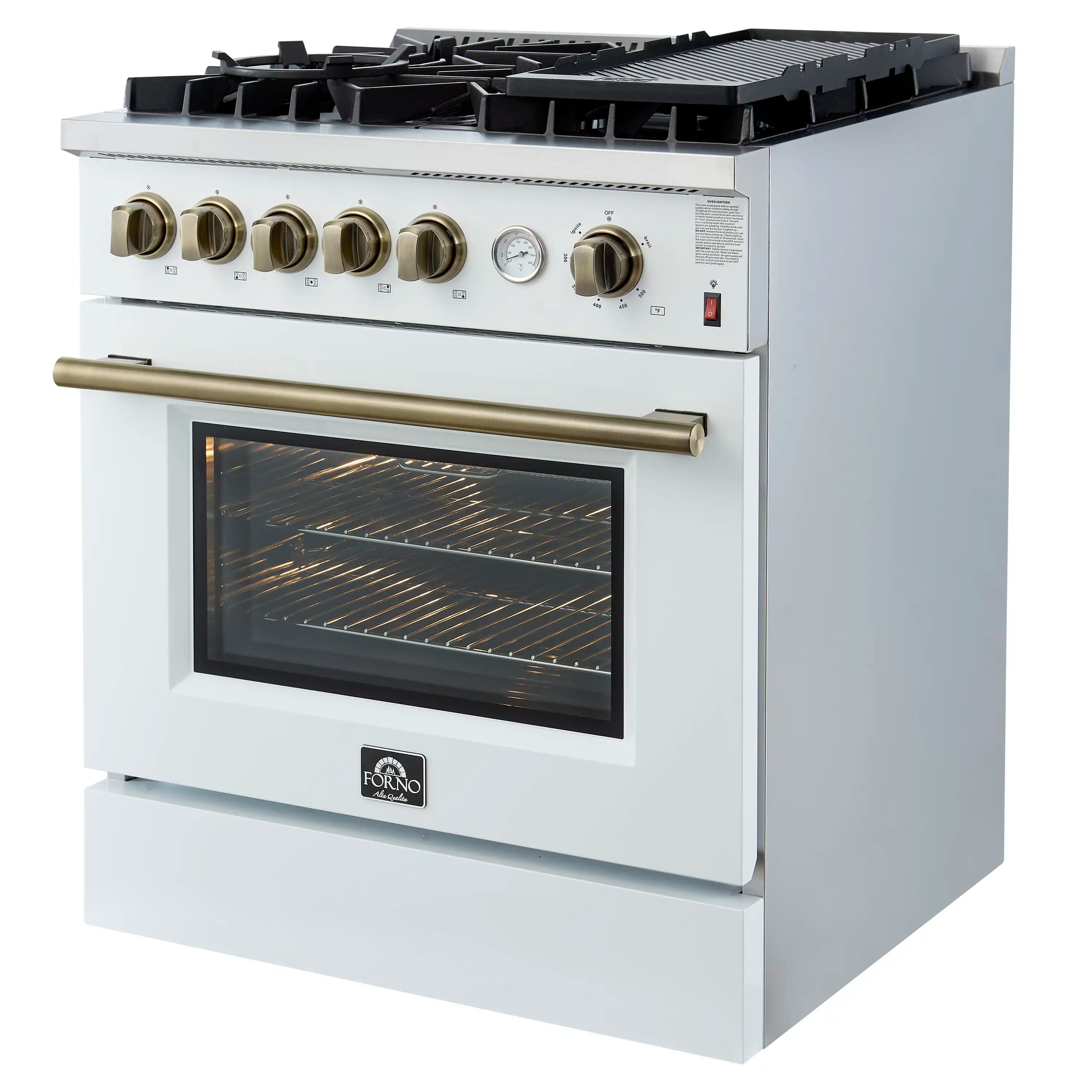 White gas range with convection oven, brass knobs and trim; top grates and oven door