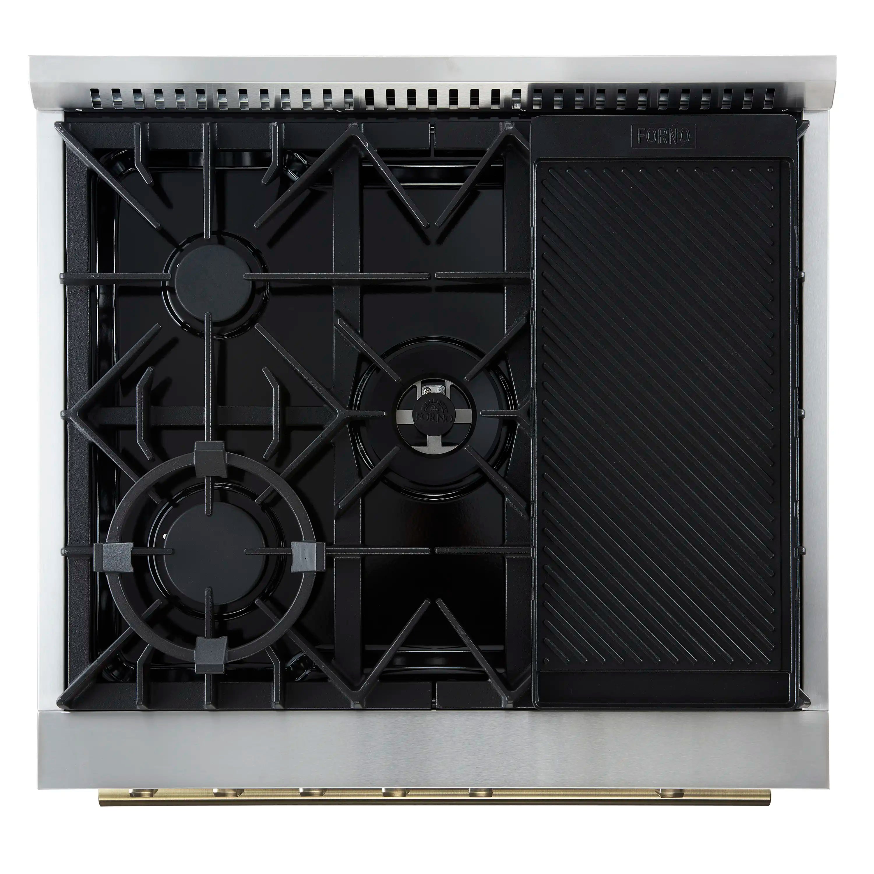 Gas oven interior with four-burner style grates and black enamel cooktop base