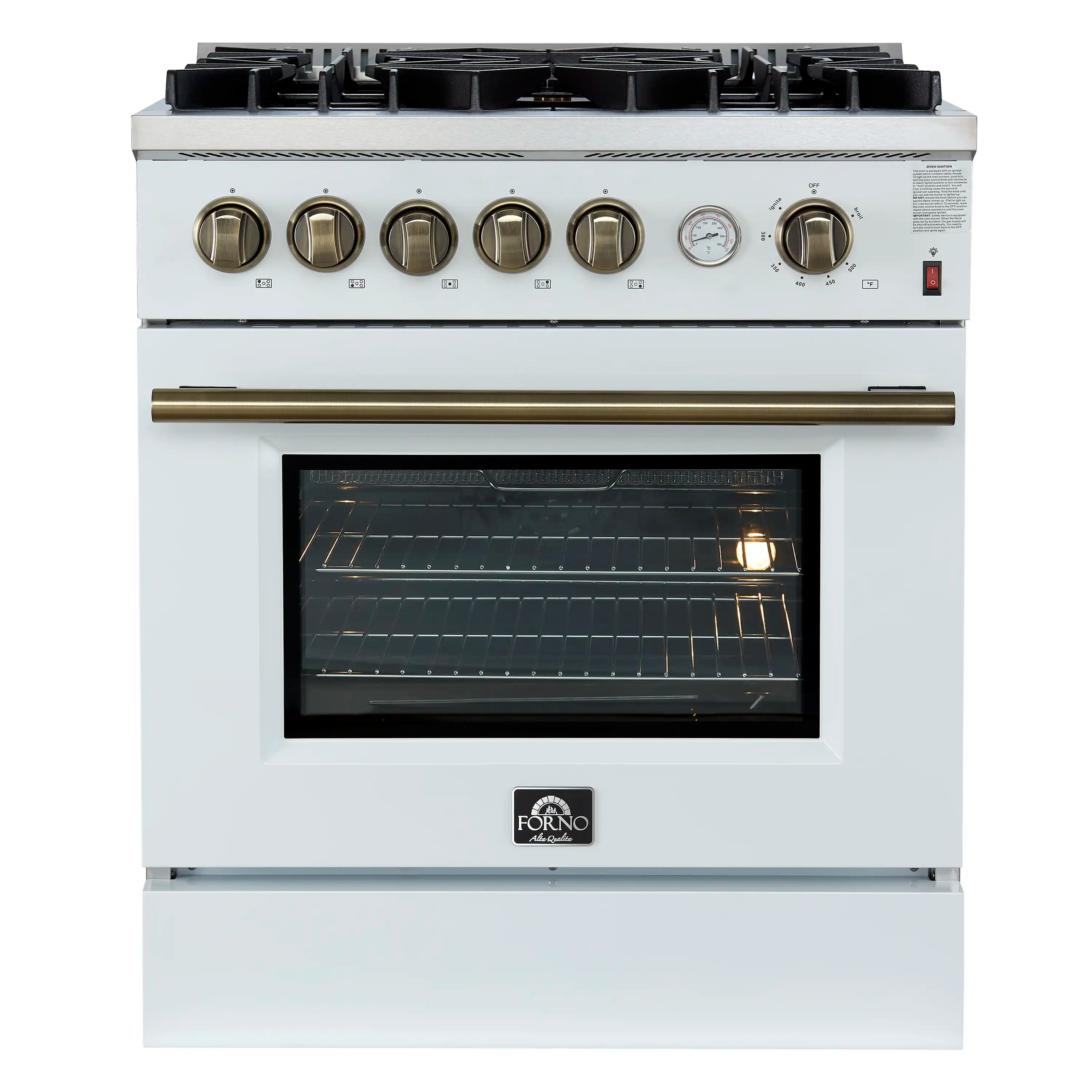 White gas range with oven door closed and window showing lit convection oven racks