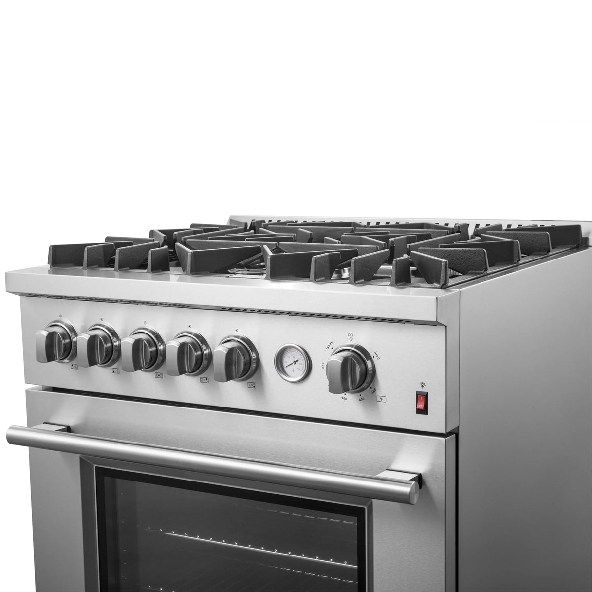 Stainless steel gas range with 5 burners, front knobs, and oven door with handle