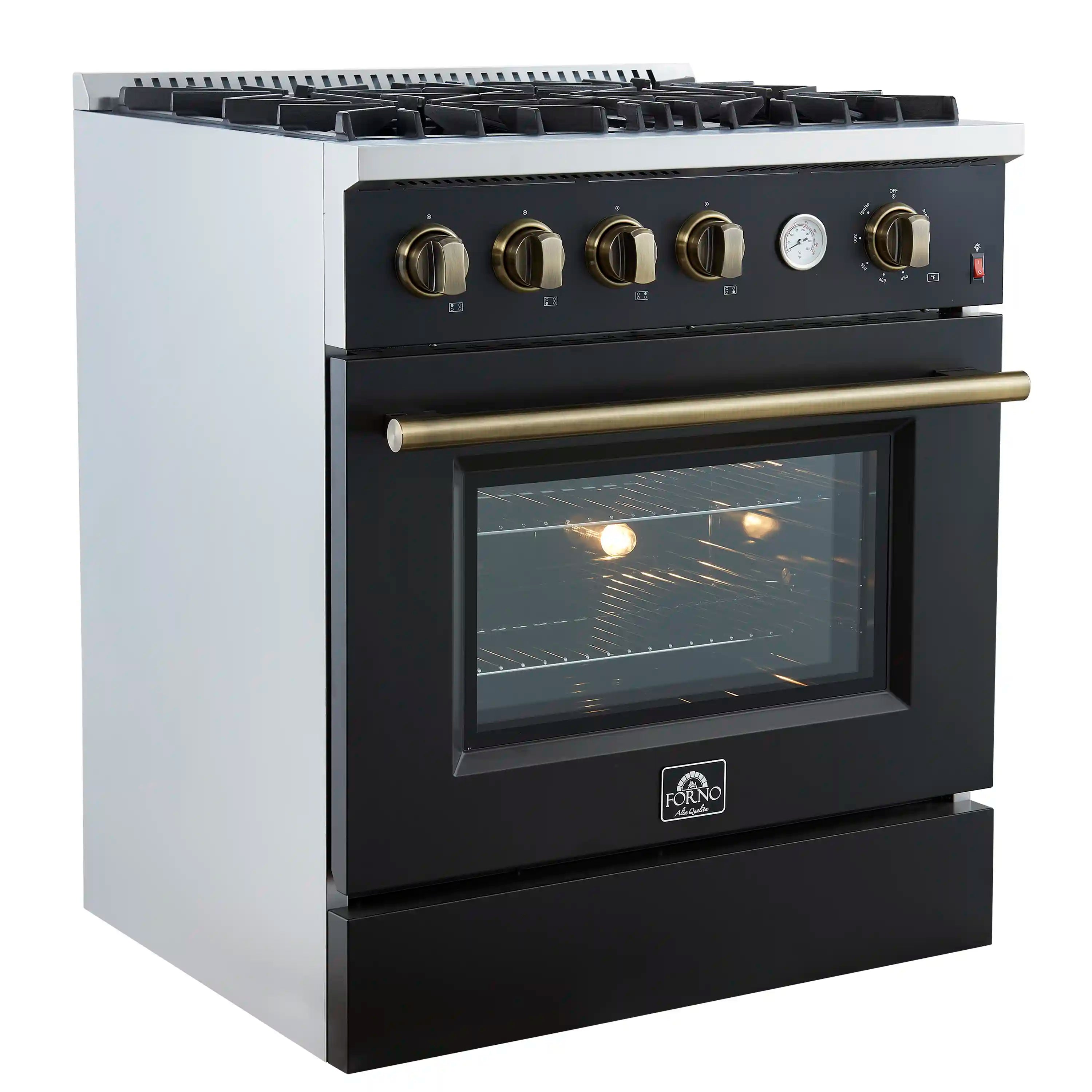 Black gas range with brass control knobs, convection oven door with glass window open.