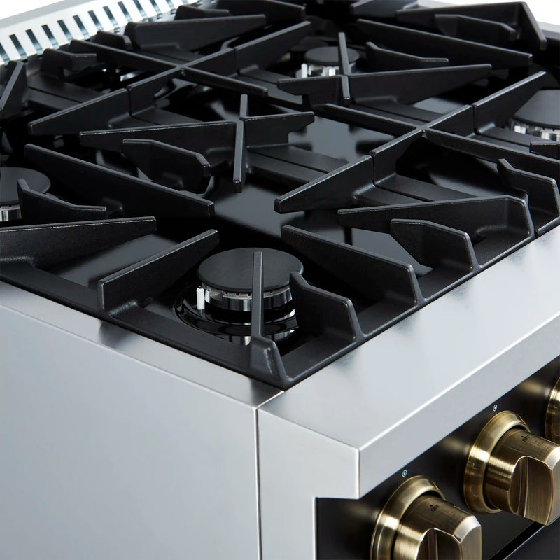 Forno Marco 30-Inch Gas Range with 4 Burners and 4.32 Cu.Ft. Convection Oven in Black with Antique Brass Trim (FFSGS6277-30BLK)