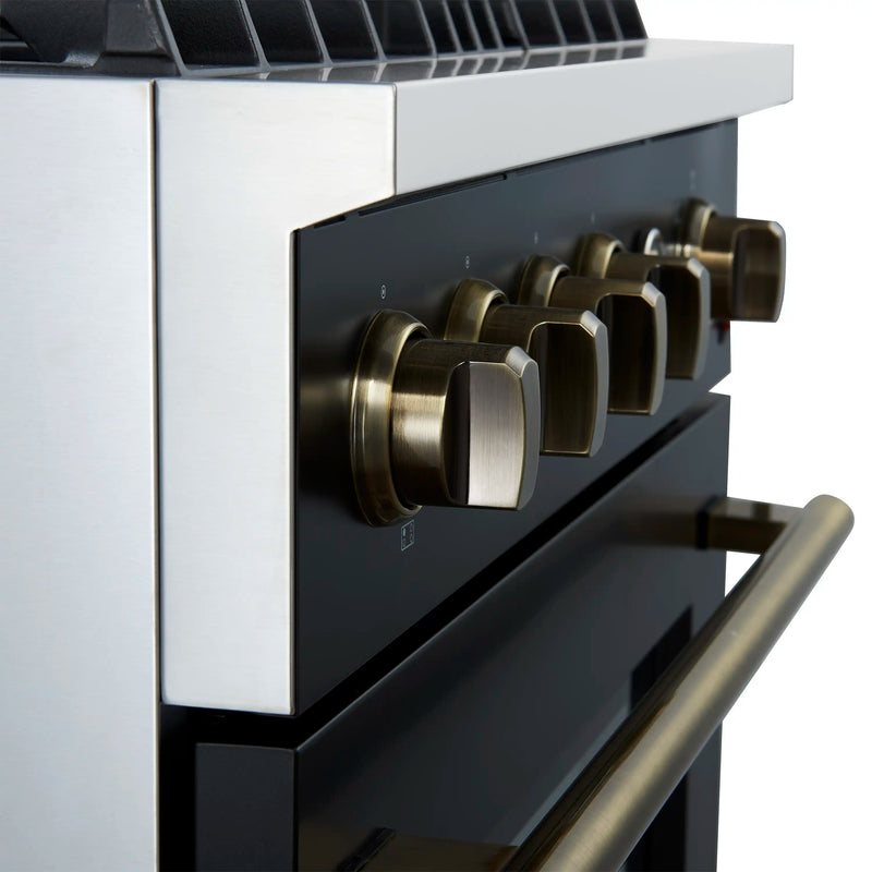Forno Marco 30-Inch Gas Range with 4 Burners and 4.32 Cu.Ft. Convection Oven in Black with Antique Brass Trim (FFSGS6277-30BLK)