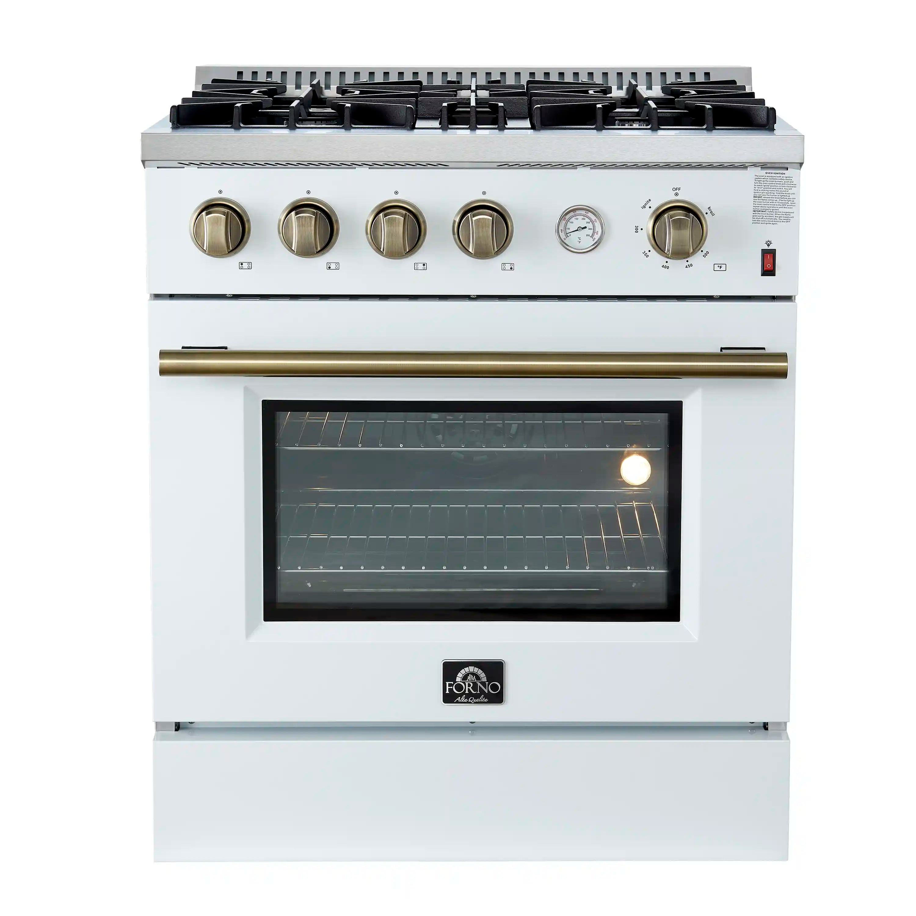 White 30-inch gas range with four burners, brass knobs, and convection oven window