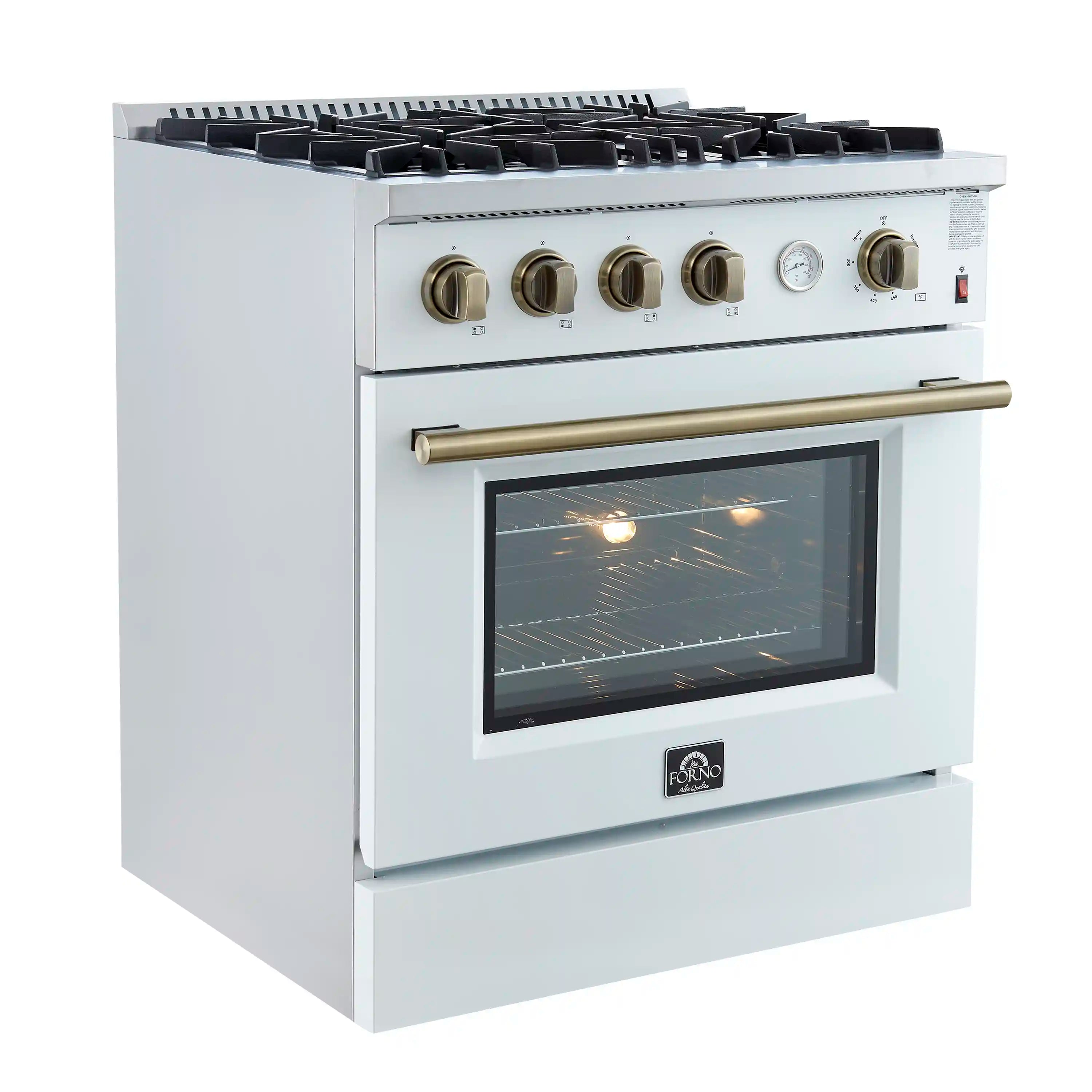 White gas range with four burners, brass control knobs, and convection oven door