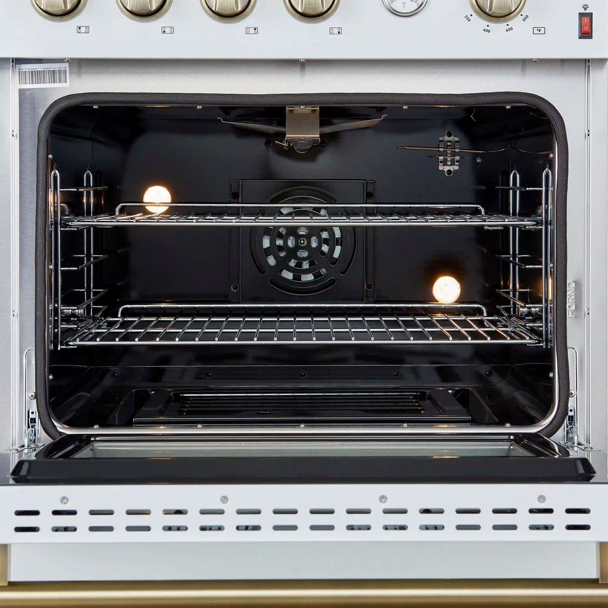 Open convection oven with two racks and illuminated burner area