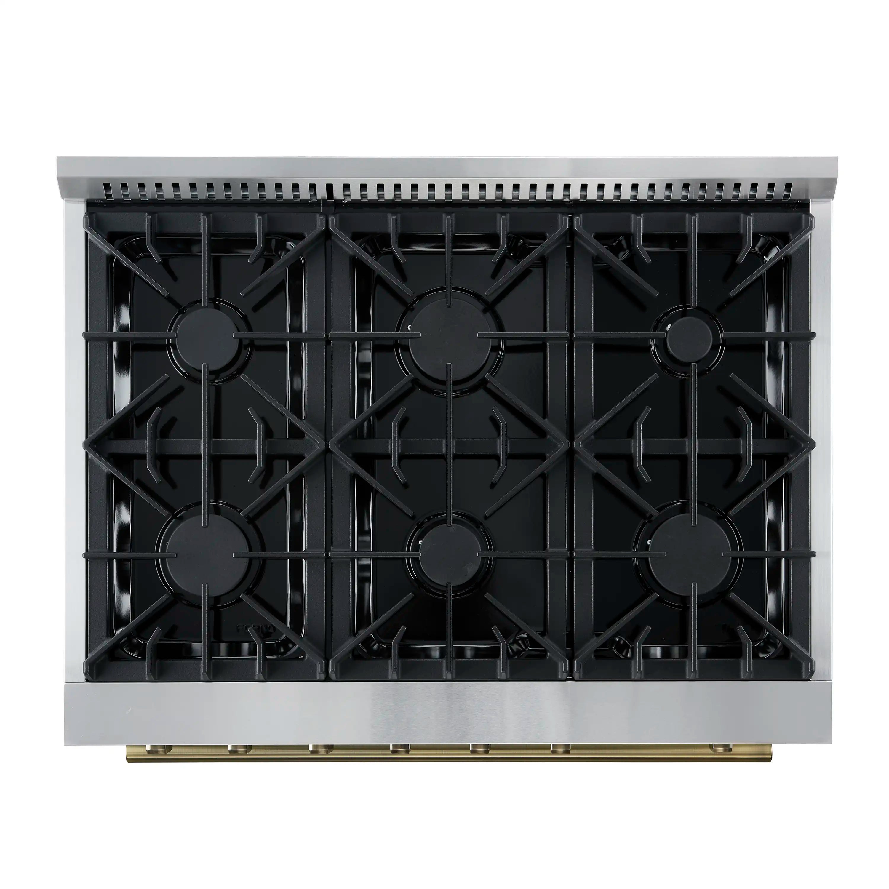 Black 6-burner cooktop with cast grates and brass trim rail on 36-in gas range