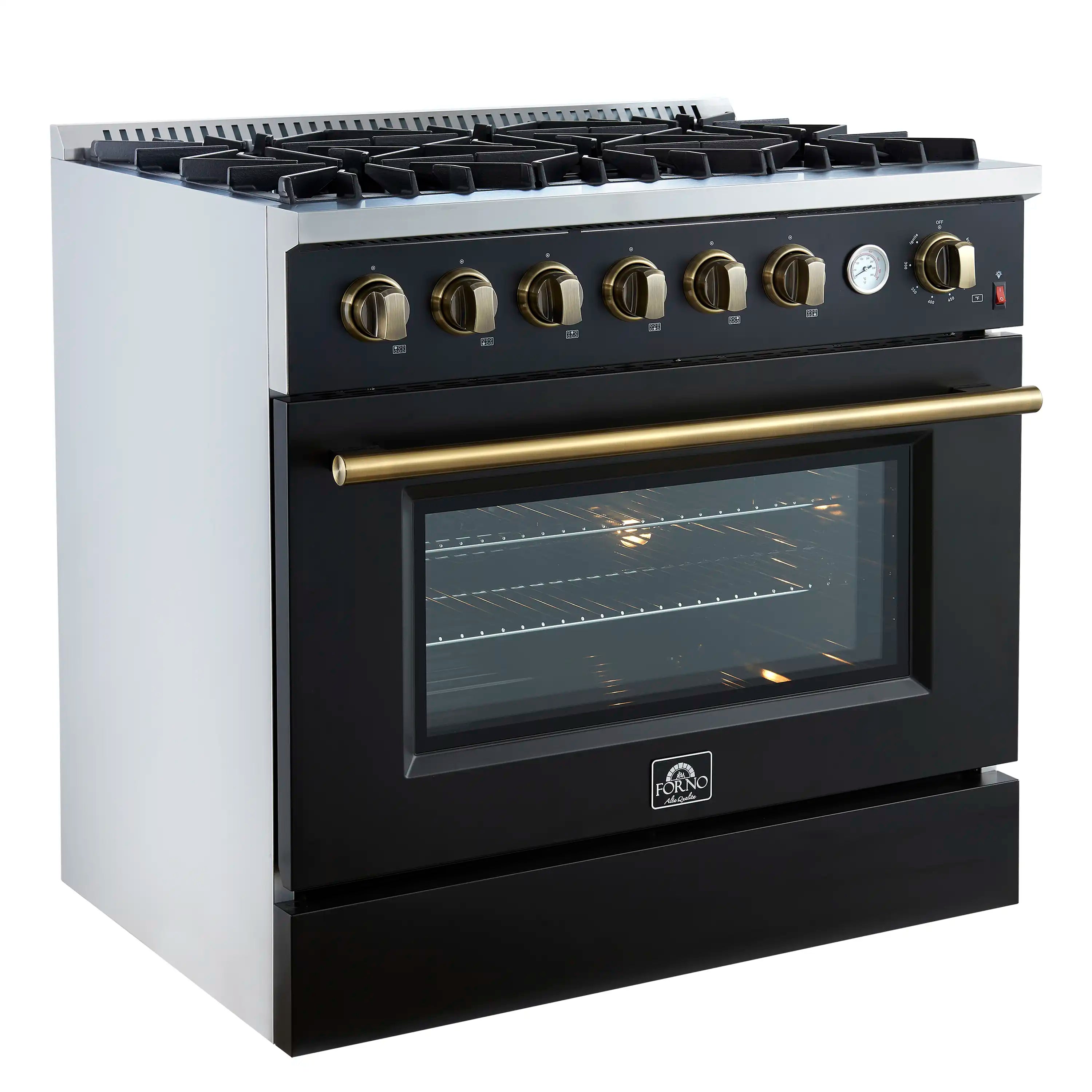 Black 36-in gas range with 6 burners and convection oven door, brass trim accents
