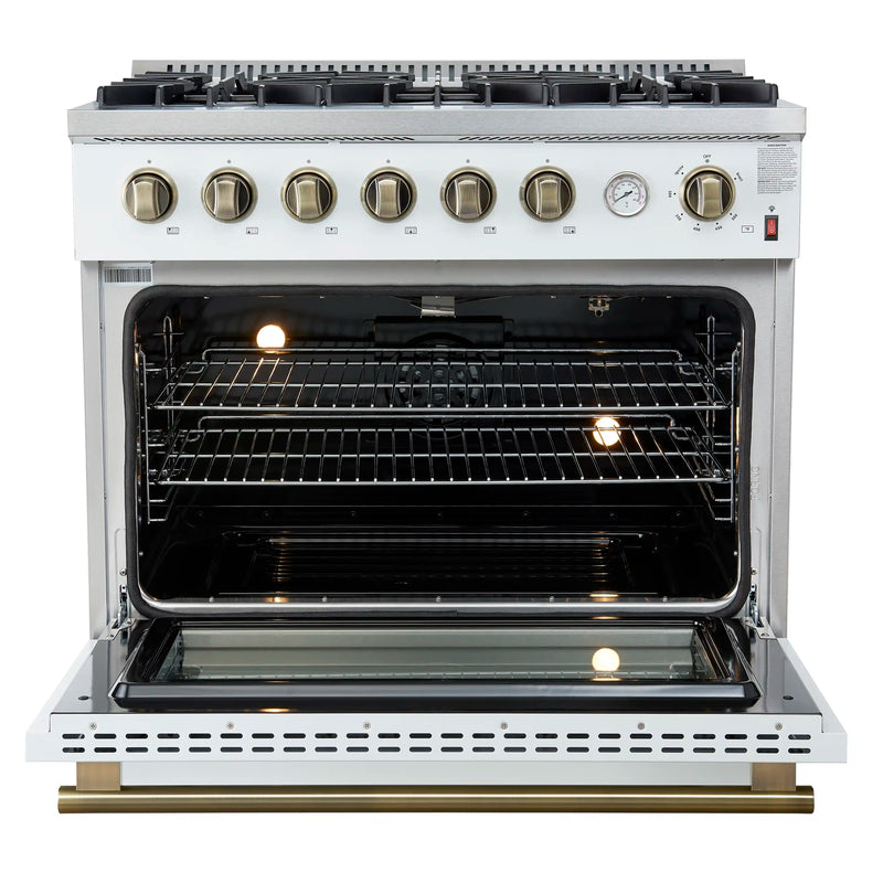 Forno Marco 36-Inch Gas Range with 6 Burners and 5.36 Cu.Ft. Convection Oven in White with Antique Brass Trim (FFSGS6277-36WHT)
