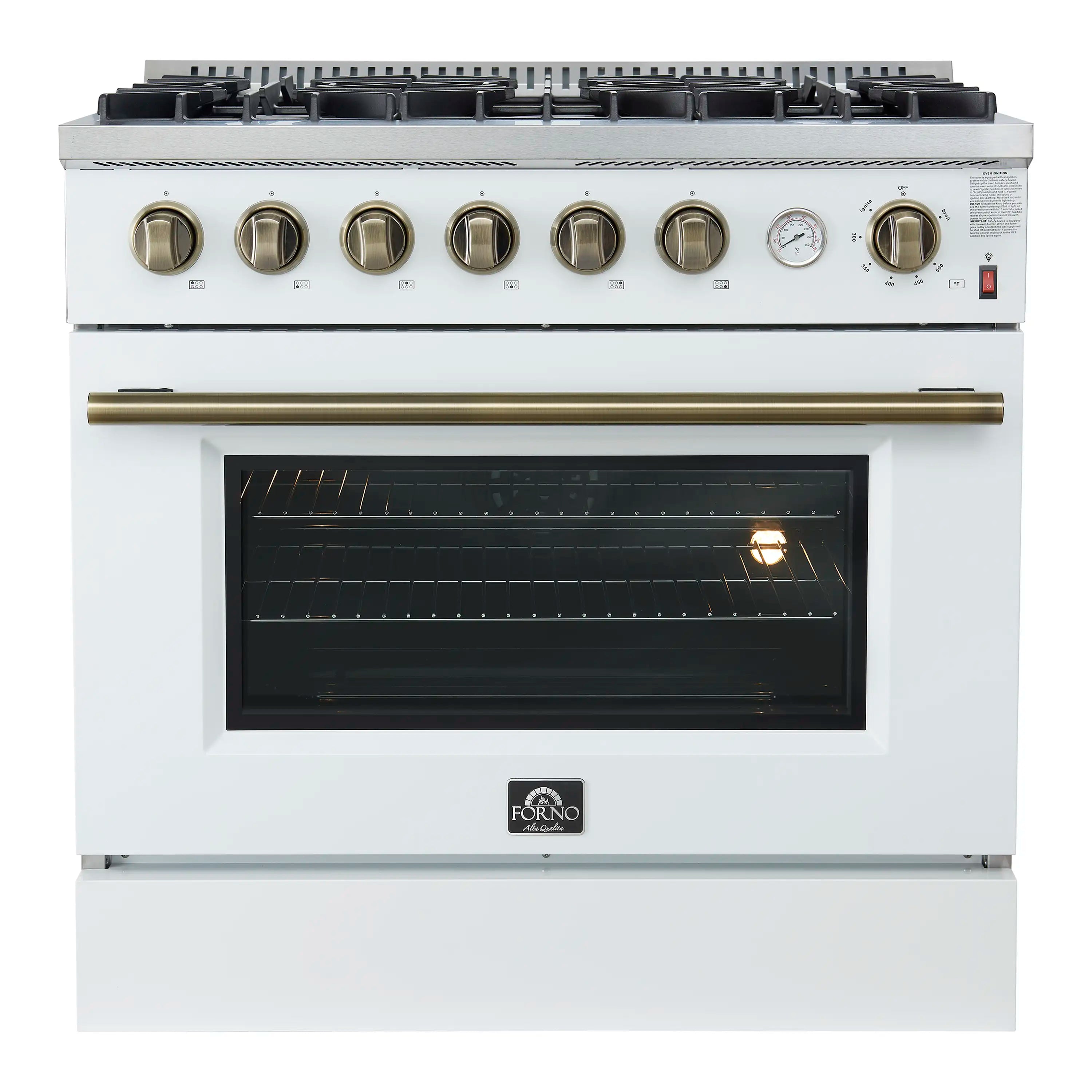 White gas range front view with brass knobs, oven window, and cooktop grates