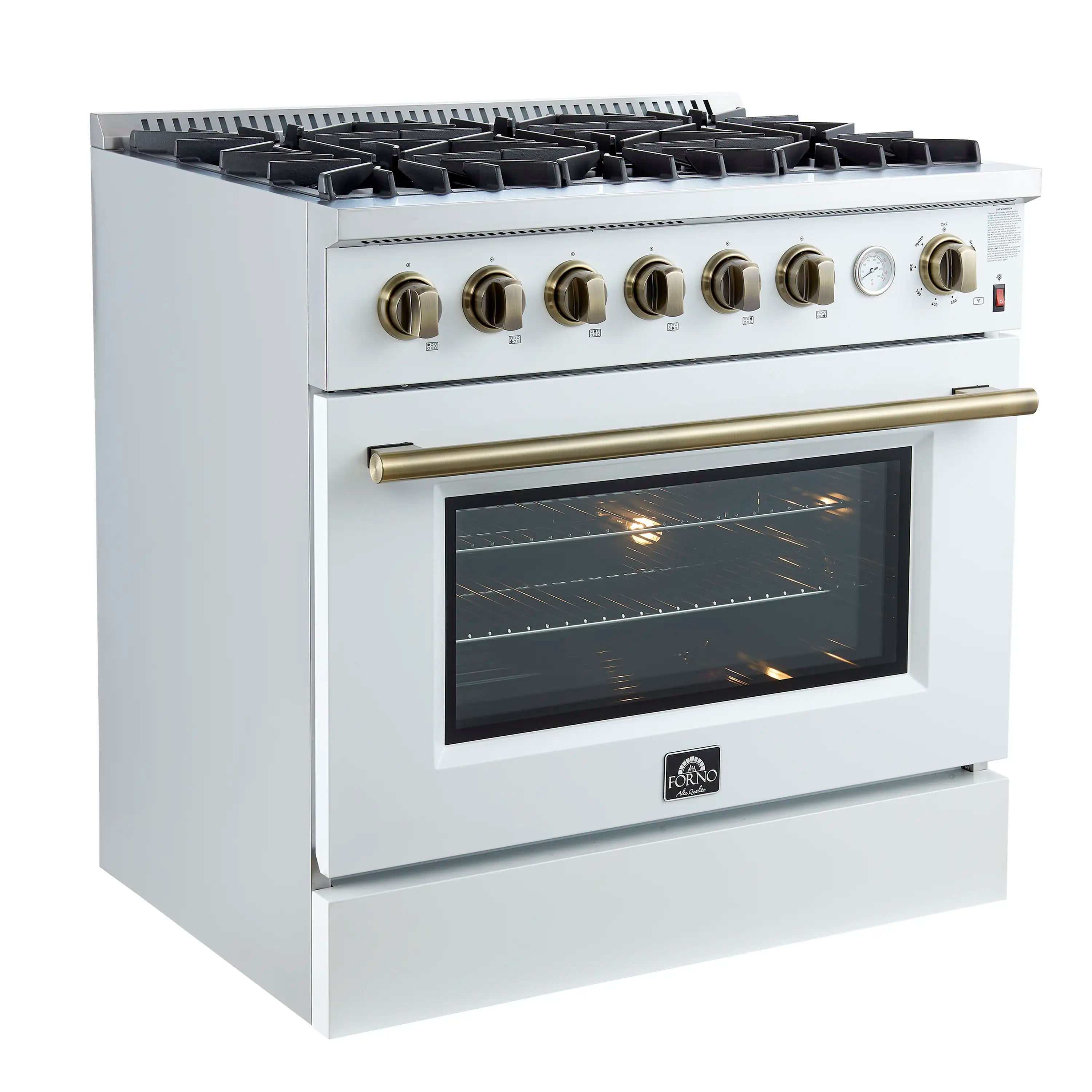 White gas range with six burners, brass knobs, and convection oven with window