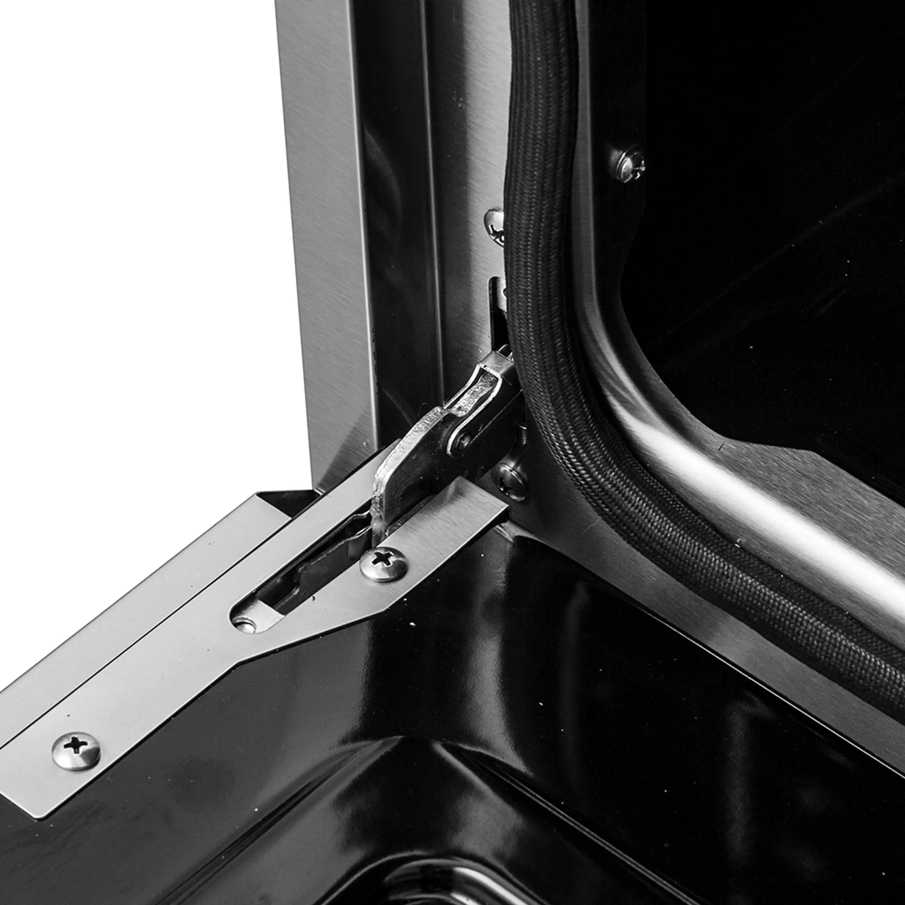 Close-up of stainless steel oven door hinge and black gasket seal