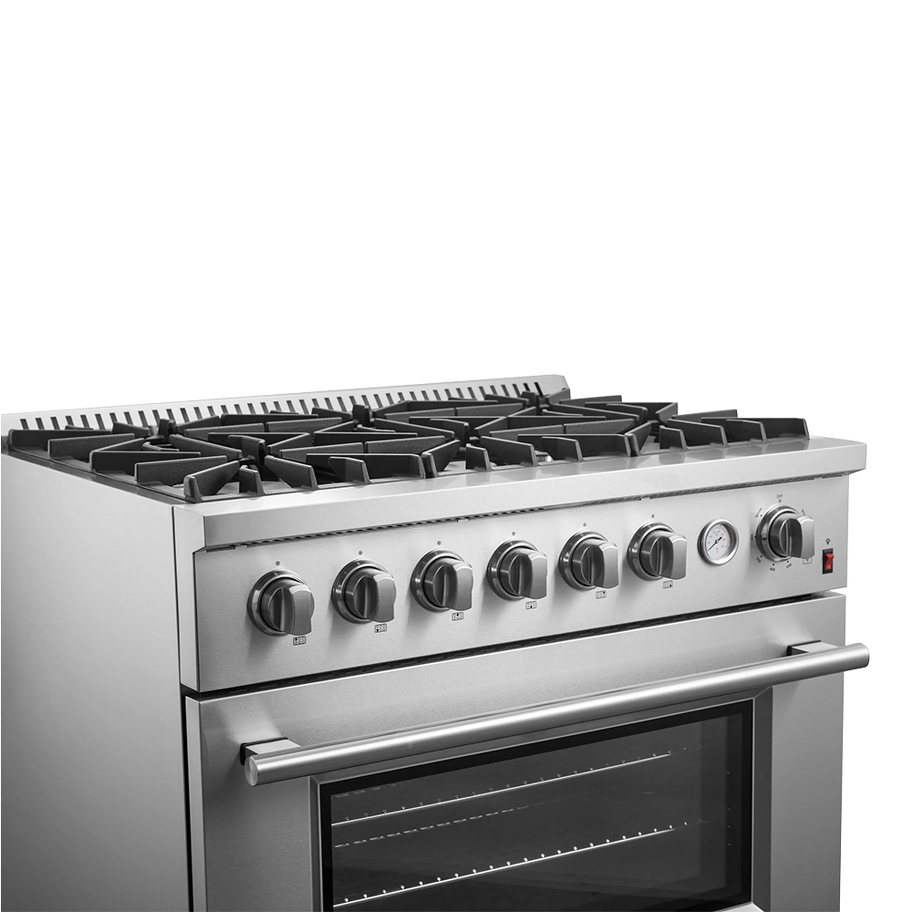 Stainless steel gas range top view with front row burner grates and knobs