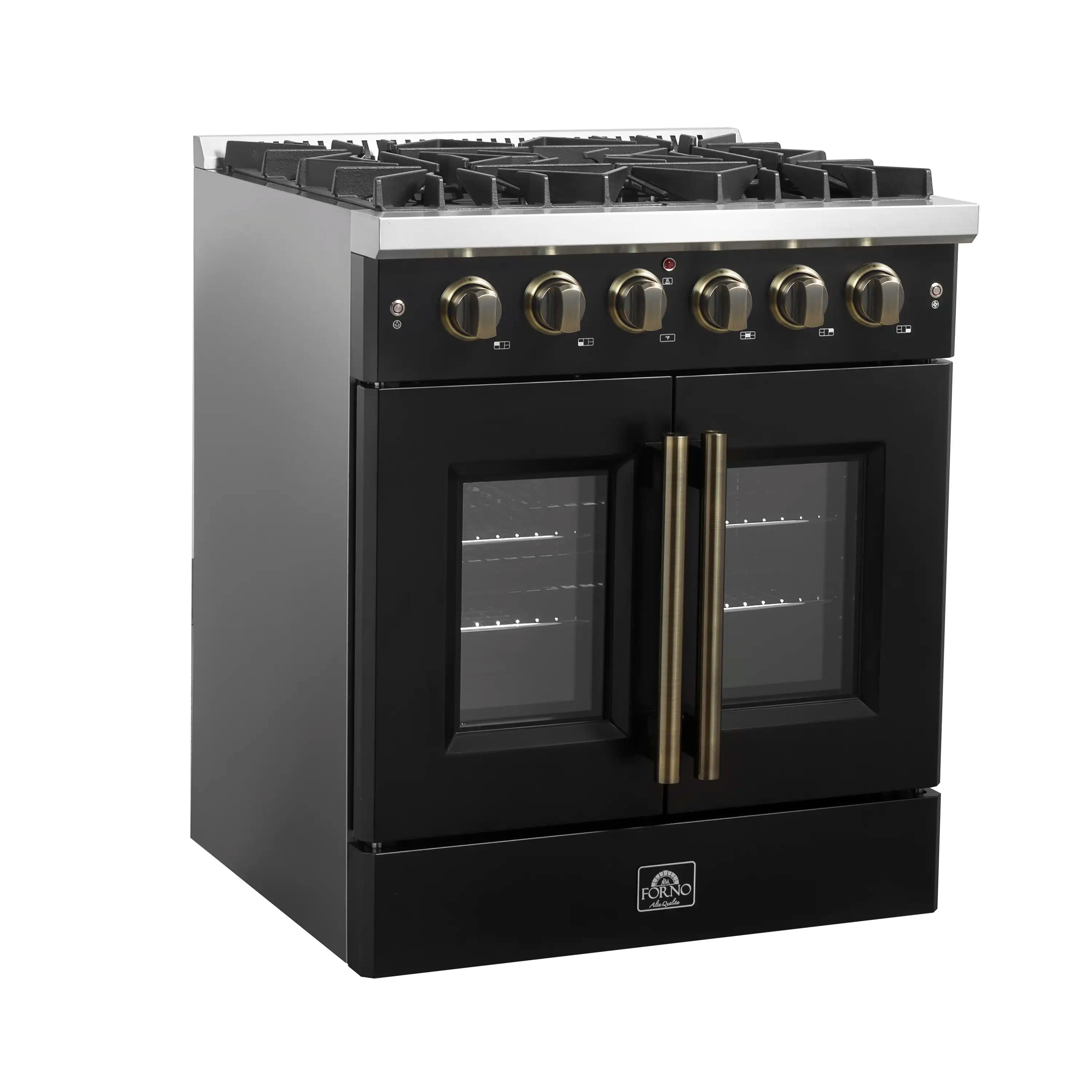 Black French door gas range with brass knobs and dual oven doors, three-quarter view