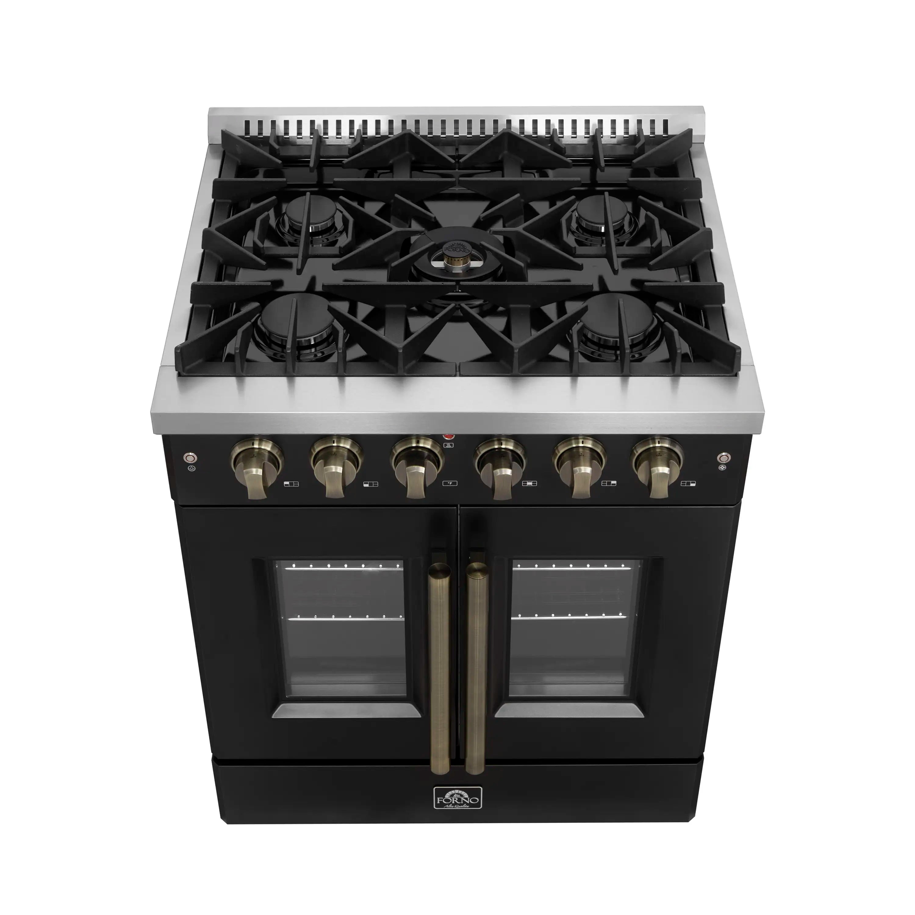 Black French door gas range with five burners and brass knobs, oven doors closed